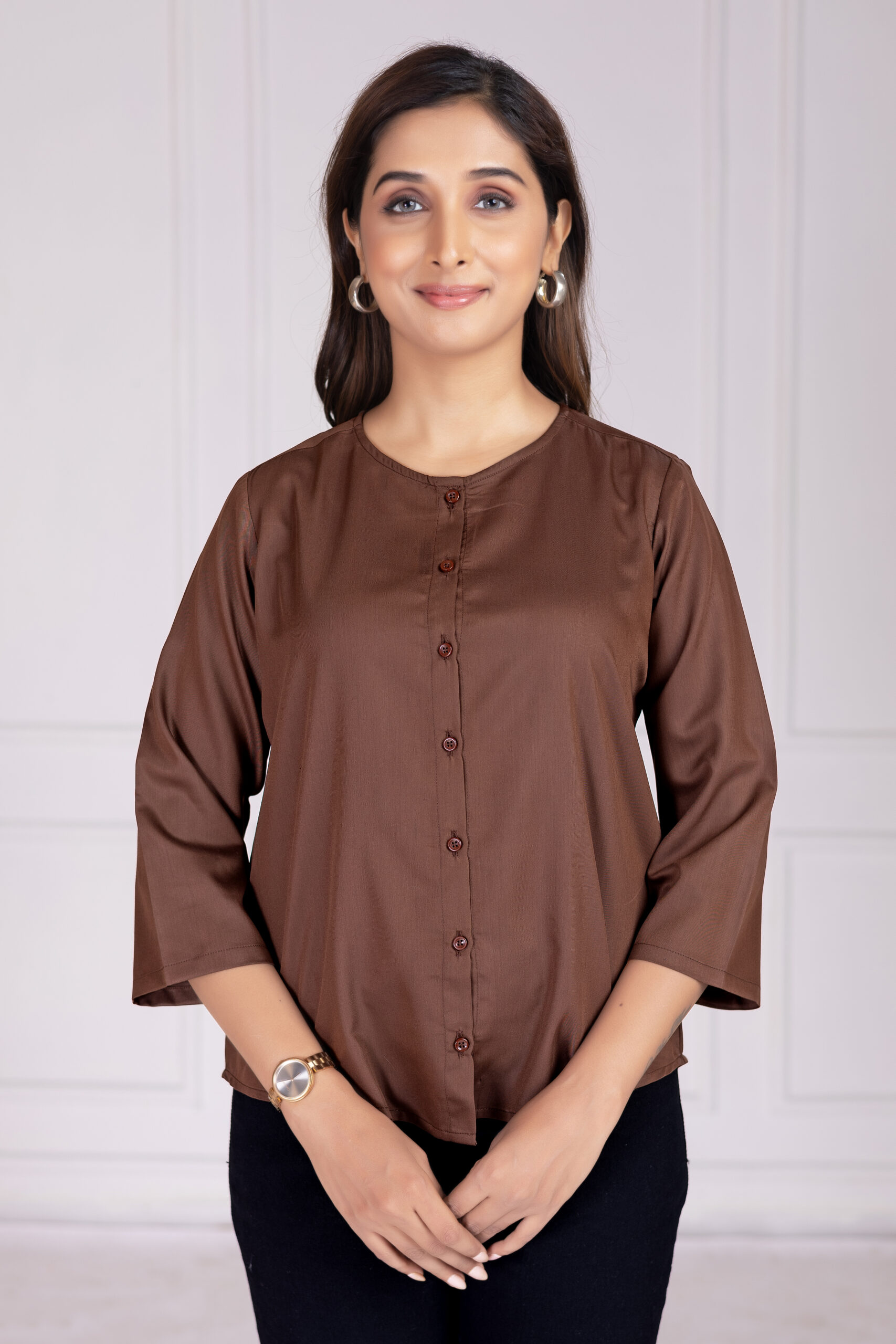 effortlessly stylish women's round neck pleated formal shirts