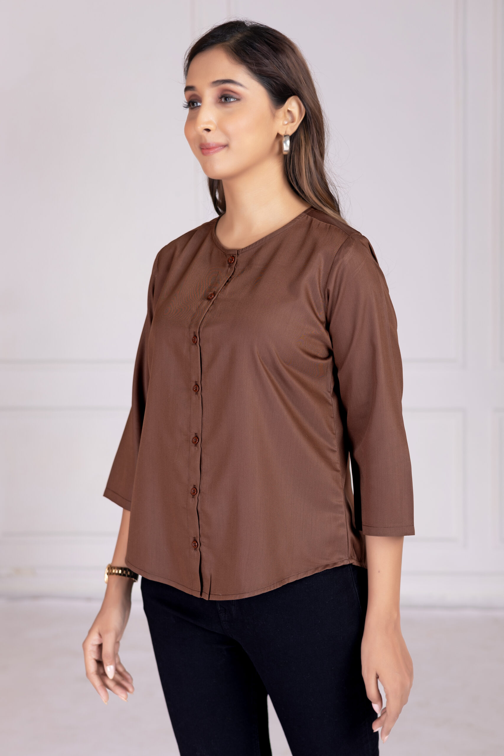 effortlessly stylish women's round neck pleated formal shirts