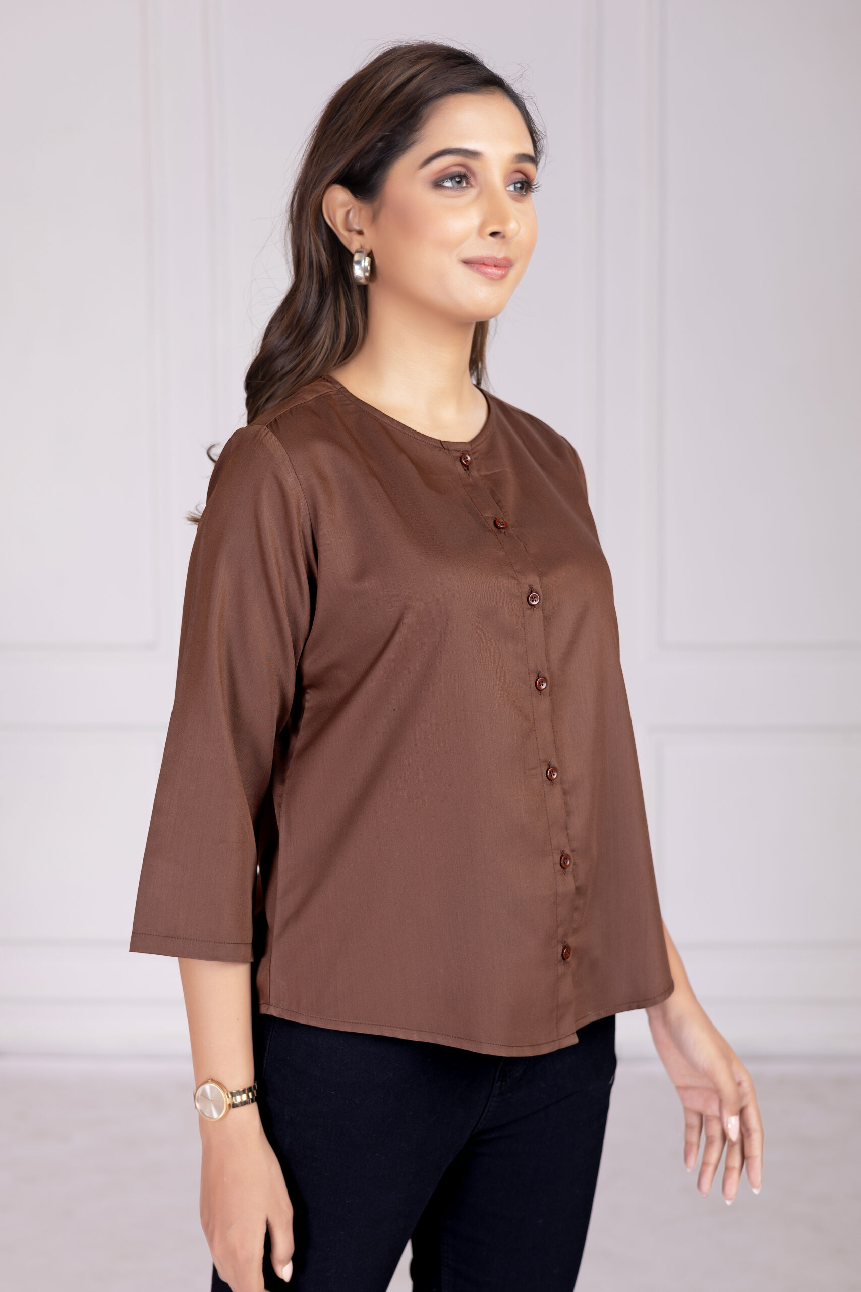 effortlessly stylish women's round neck pleated formal shirts