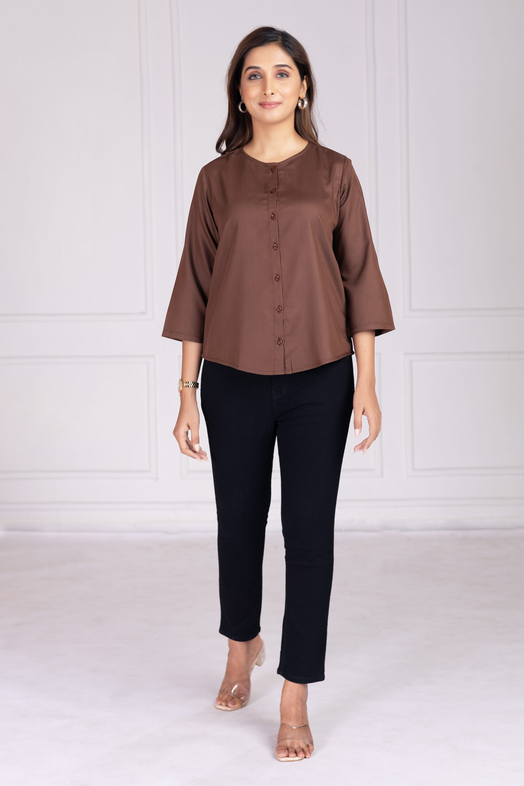effortlessly stylish women's round neck pleated formal shirts