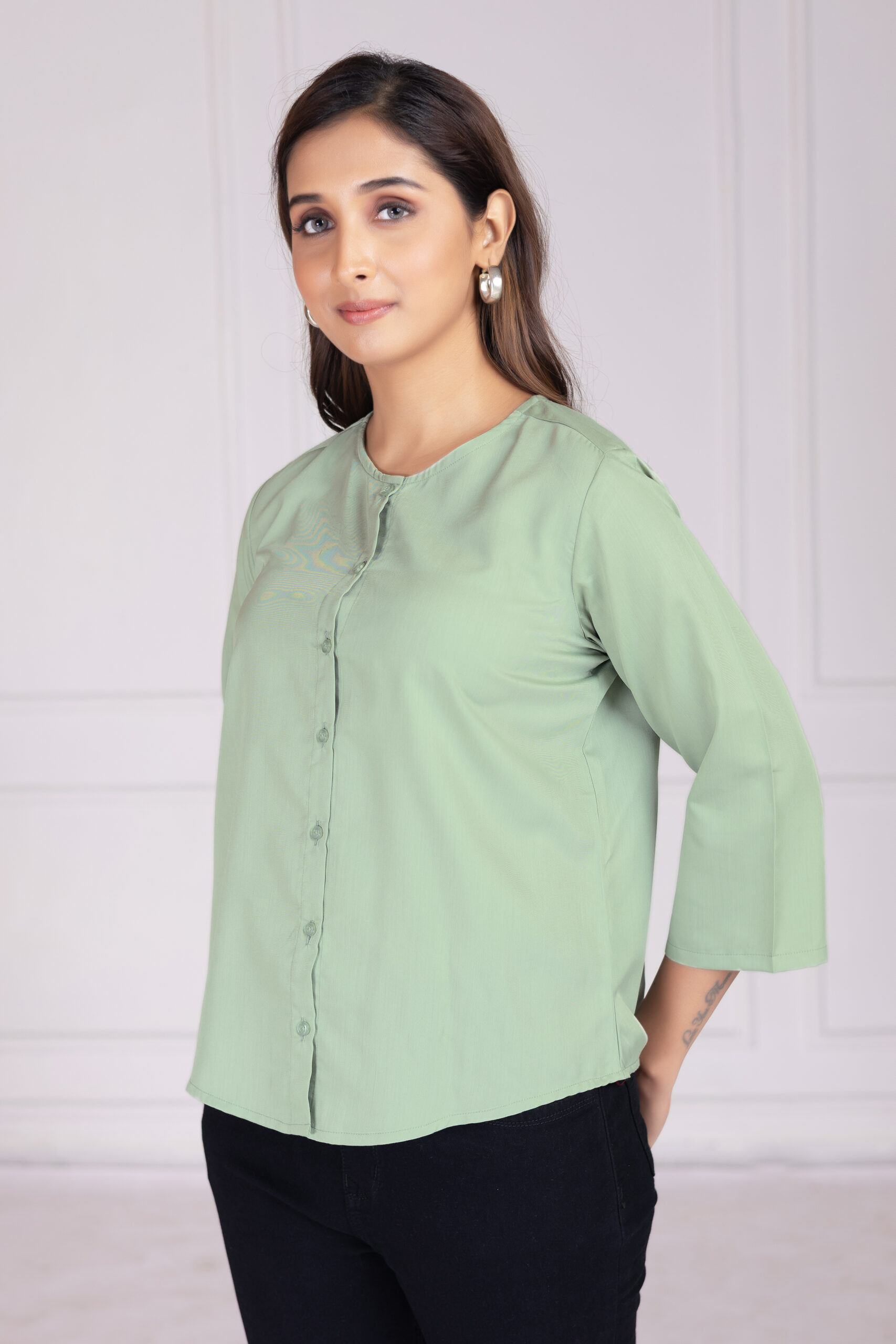 effortlessly stylish women's round neck pleated formal shirts (copy)