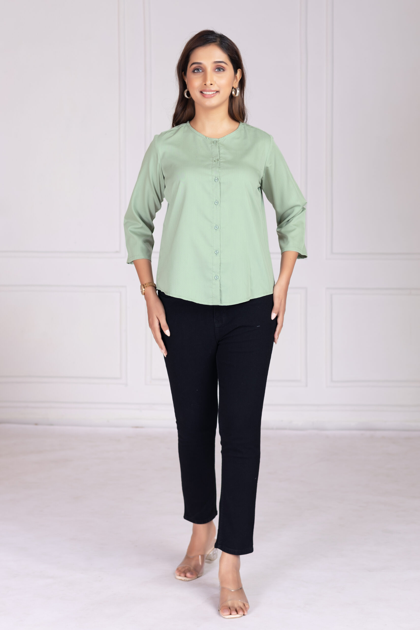 effortlessly stylish women's round neck pleated formal shirts (copy)