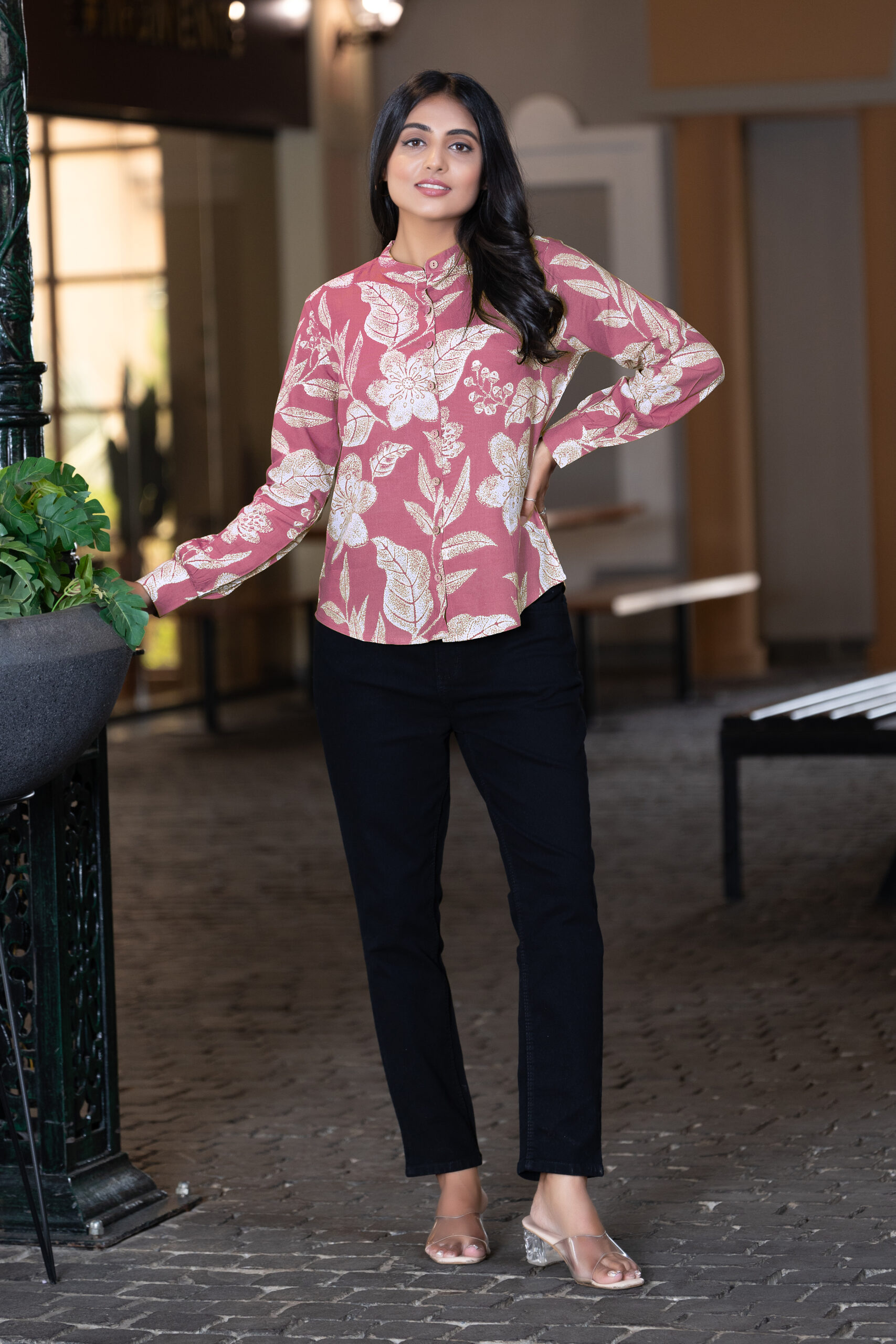 women's smart formal printed shirt with band collar & full sleeves