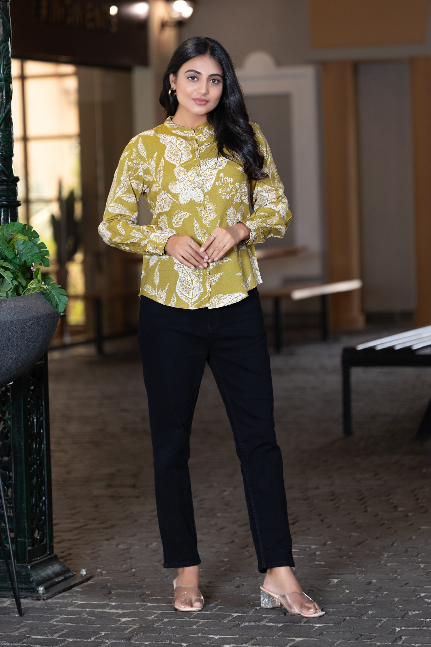 women's smart formal printed shirt with band collar & full sleeves