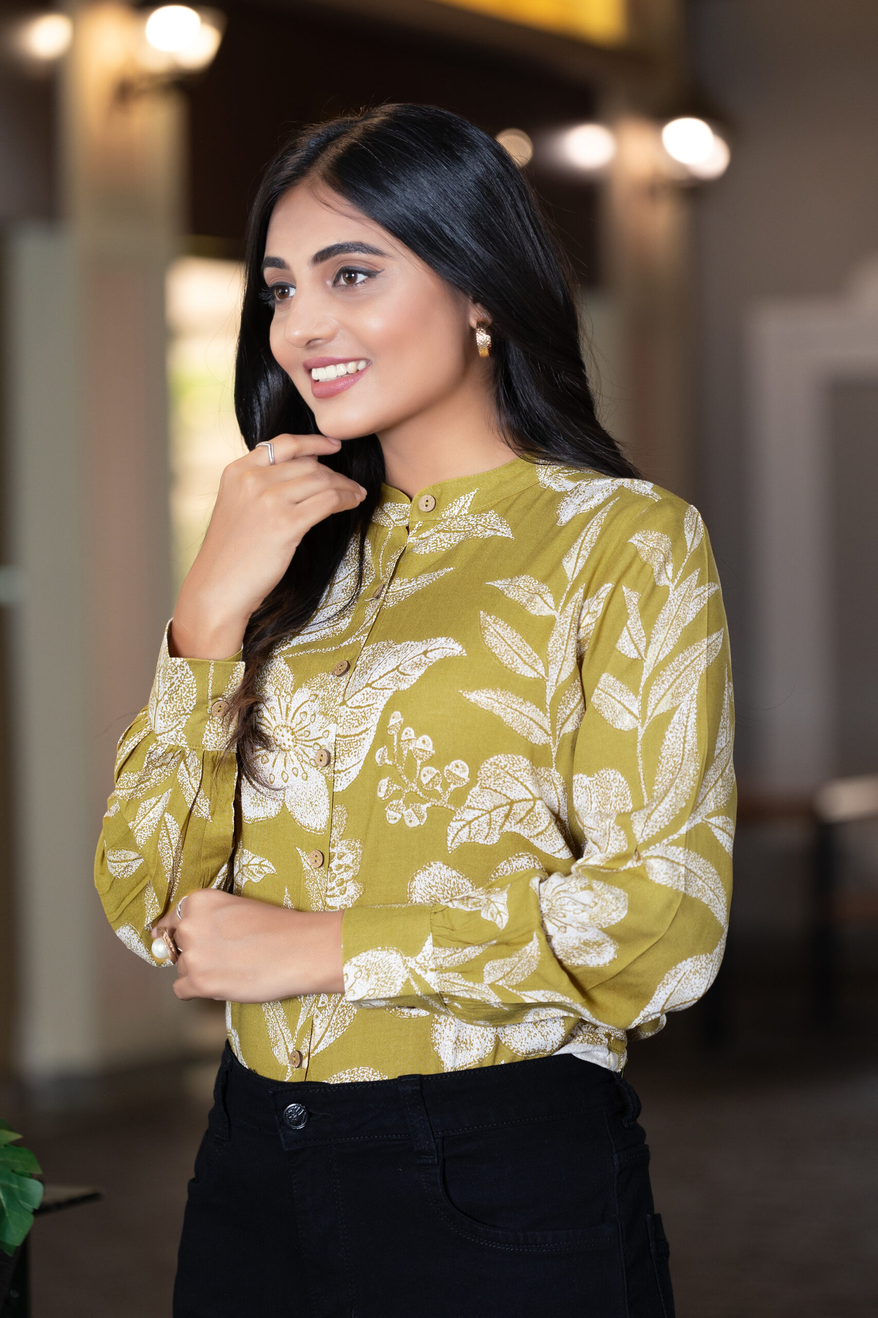 women's smart formal printed shirt with band collar & full sleeves