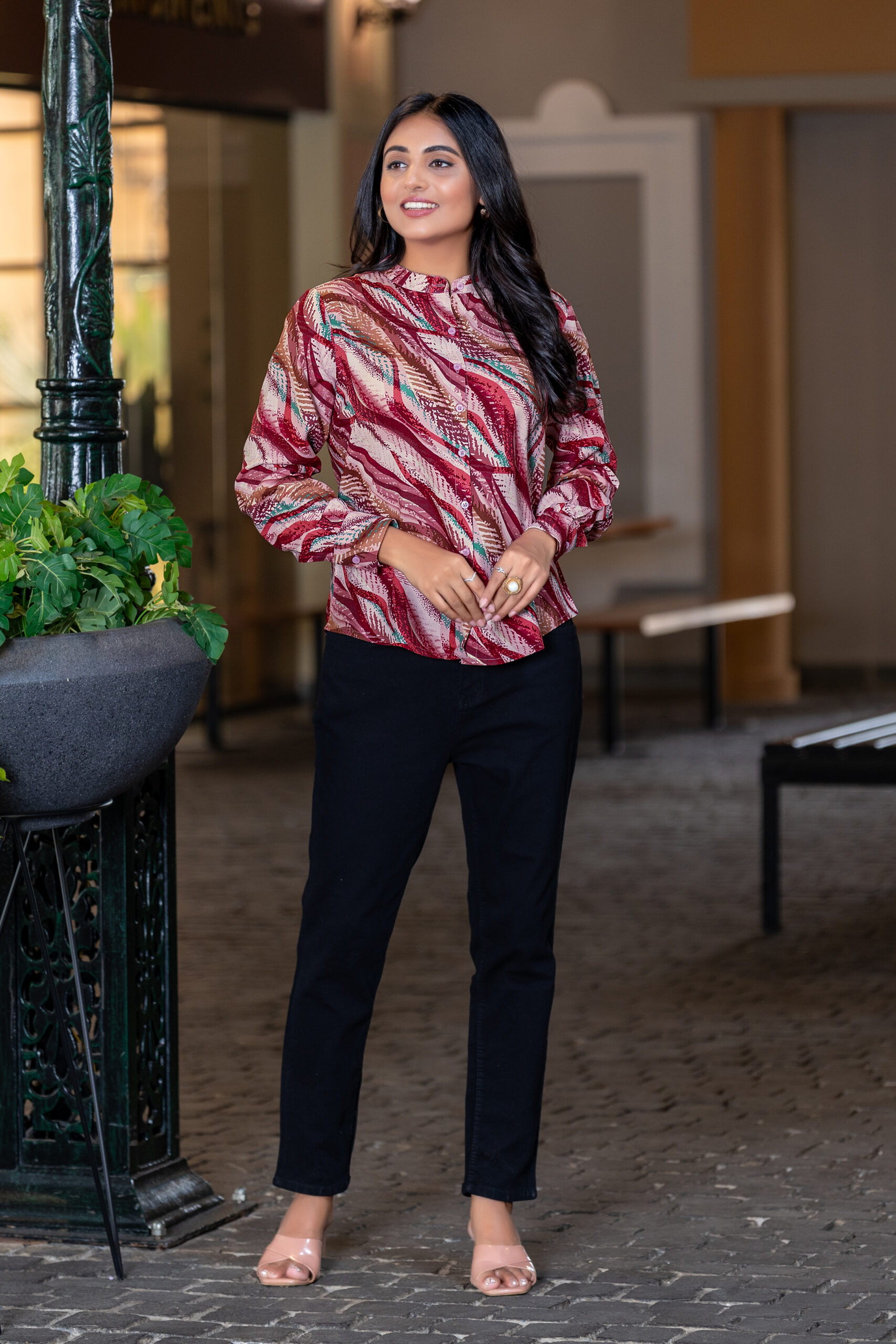 abstract printed formal shirt for women – band collar & elegant full sleeves.