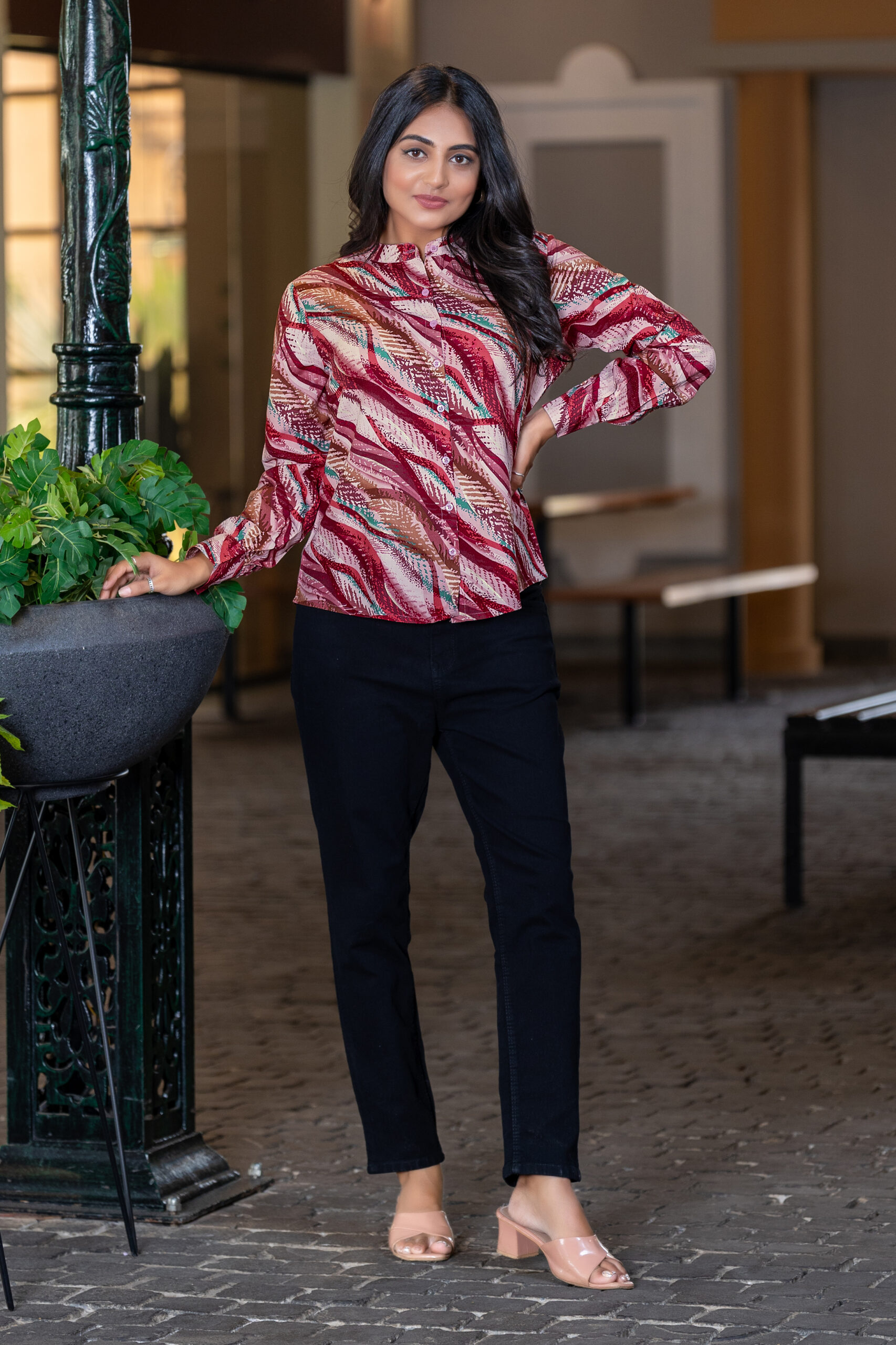 abstract printed formal shirt for women – band collar & elegant full sleeves.