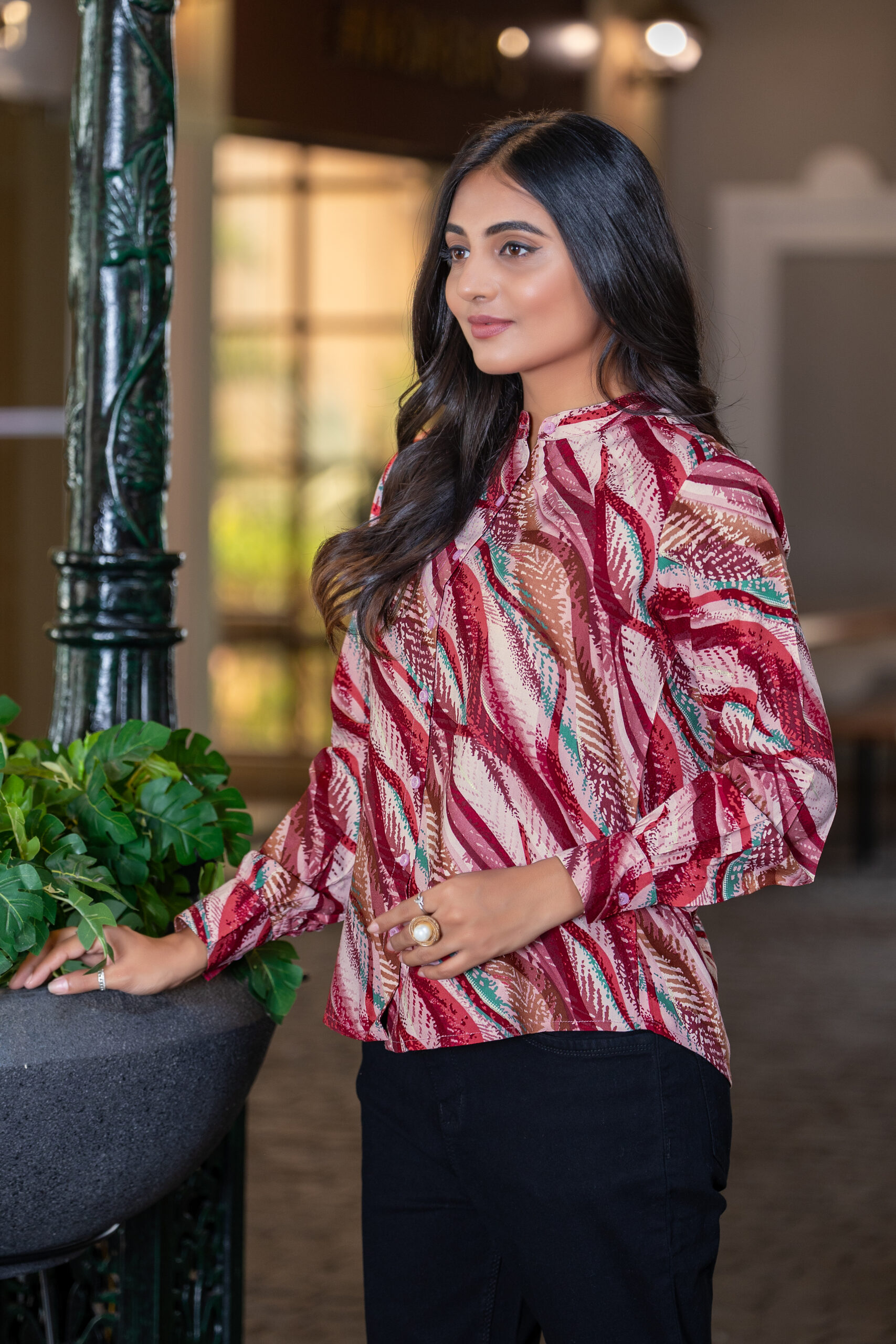 abstract printed formal shirt for women – band collar & elegant full sleeves.