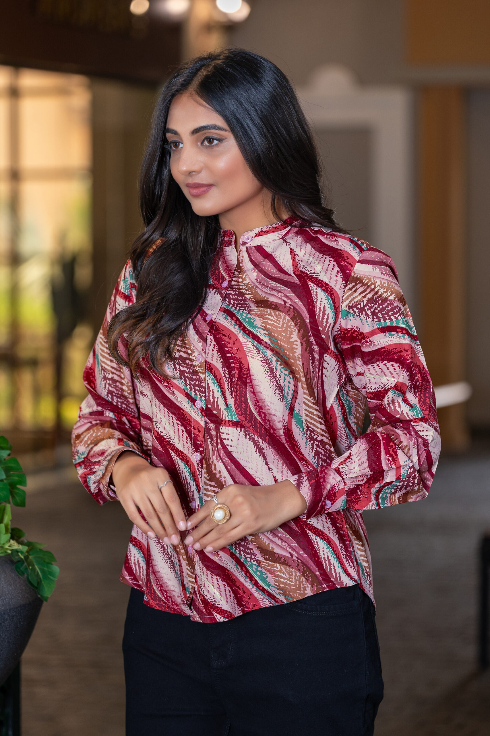 abstract printed formal shirt for women – band collar & elegant full sleeves.