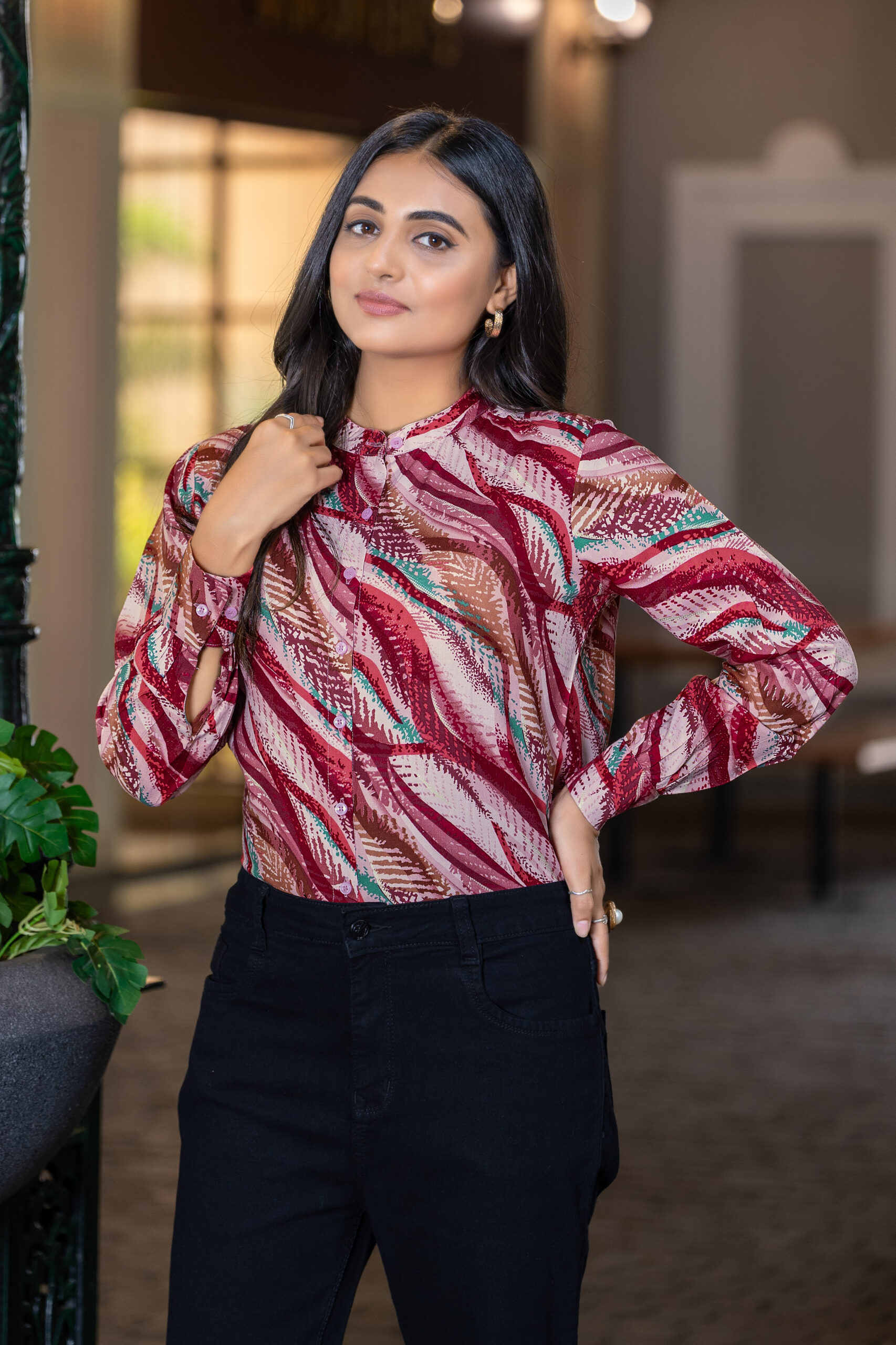 abstract printed formal shirt for women – band collar & elegant full sleeves.