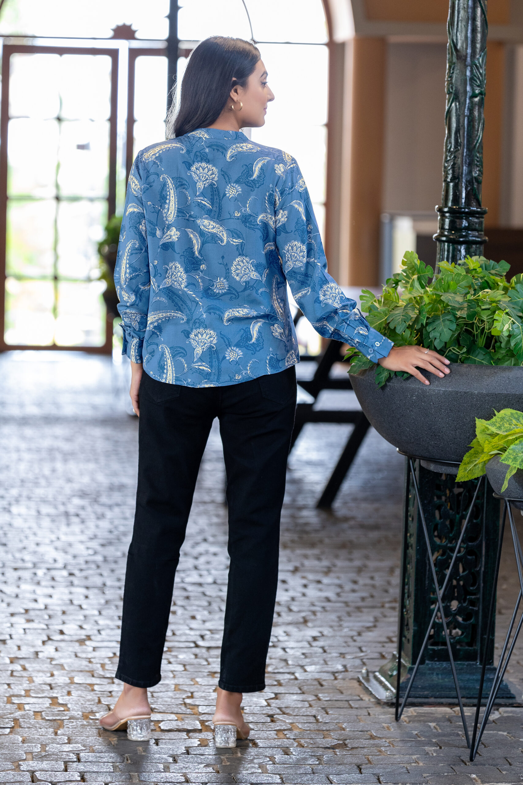elegant floral printed rayon shirt with band collar for women