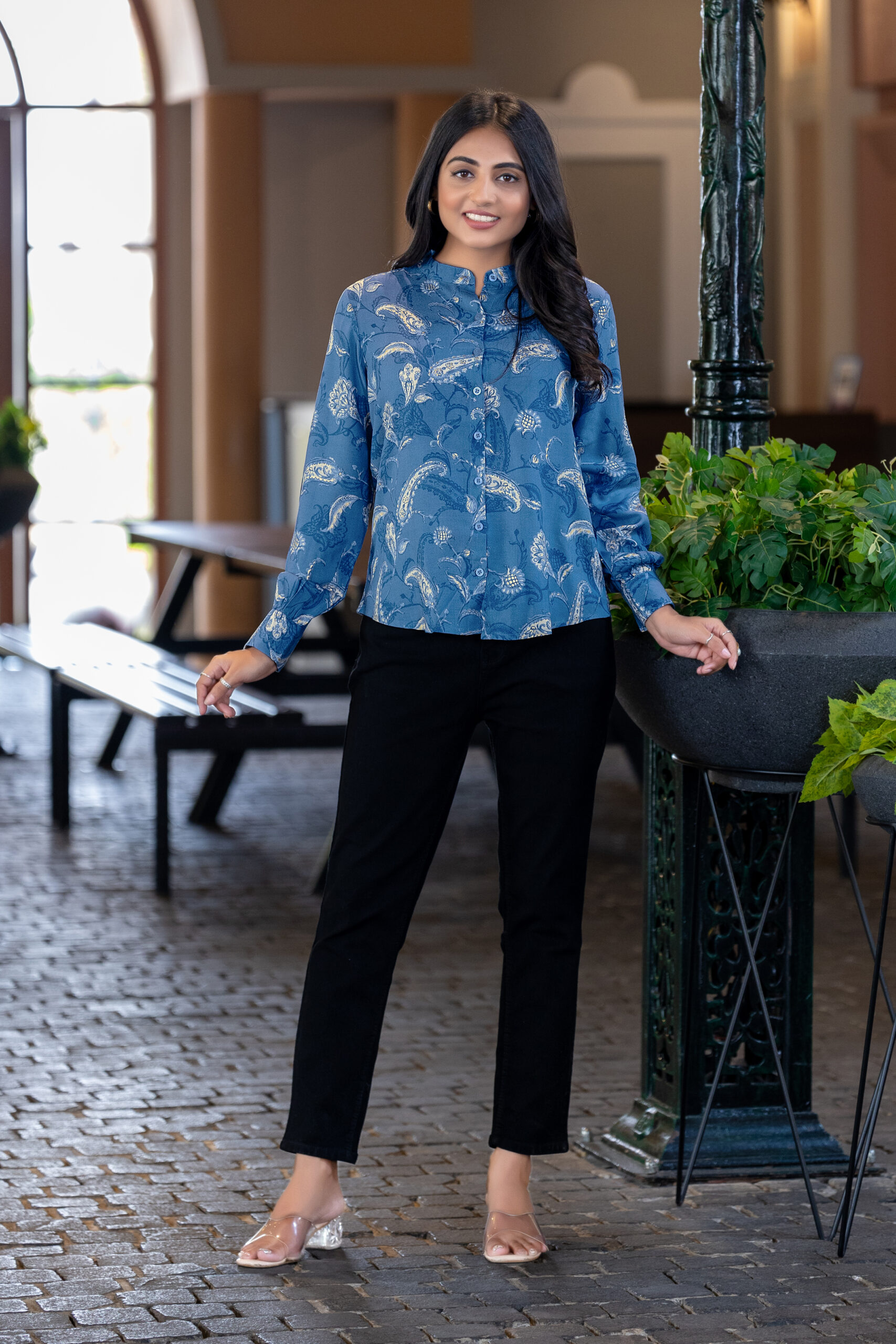 elegant floral printed rayon shirt with band collar for women