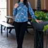 elegant floral printed rayon shirt with band collar for women
