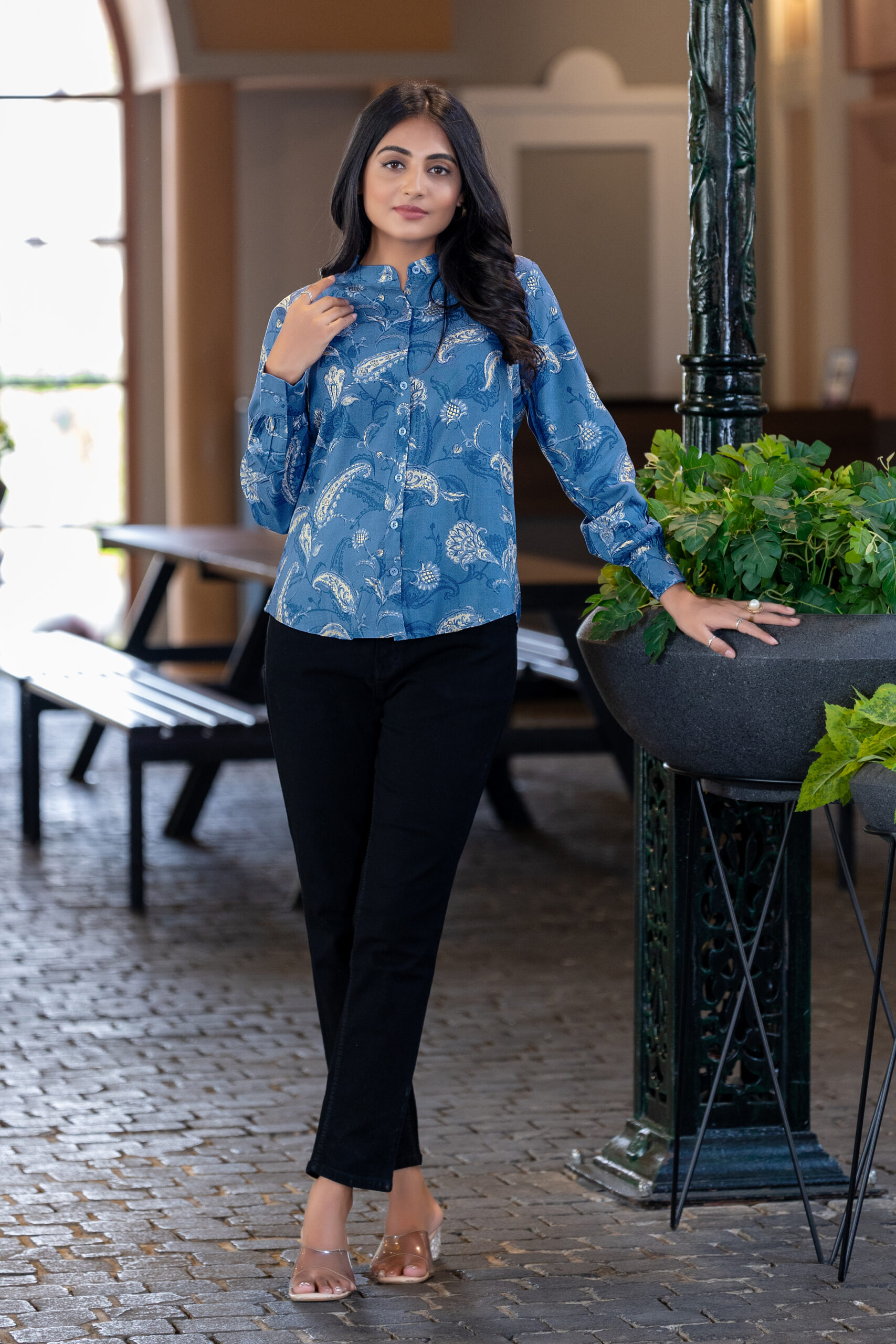elegant floral printed rayon shirt with band collar for women