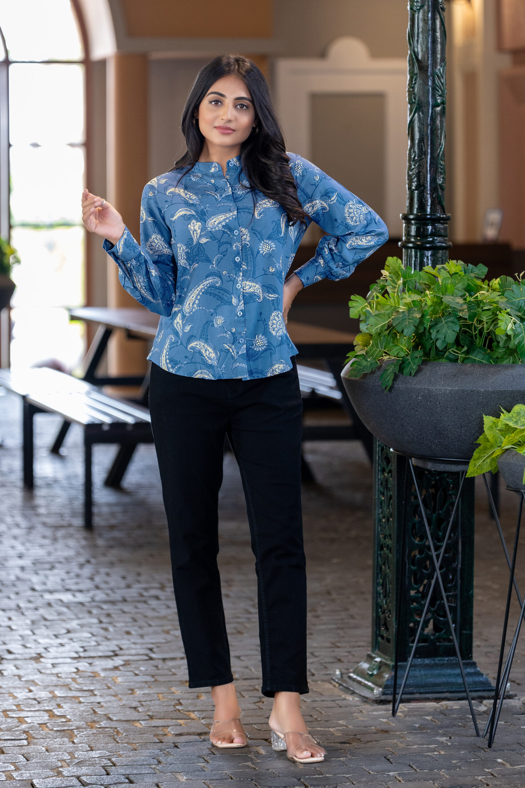 elegant floral printed rayon shirt with band collar for women