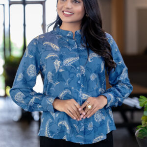 elegant floral printed rayon shirt with band collar for women