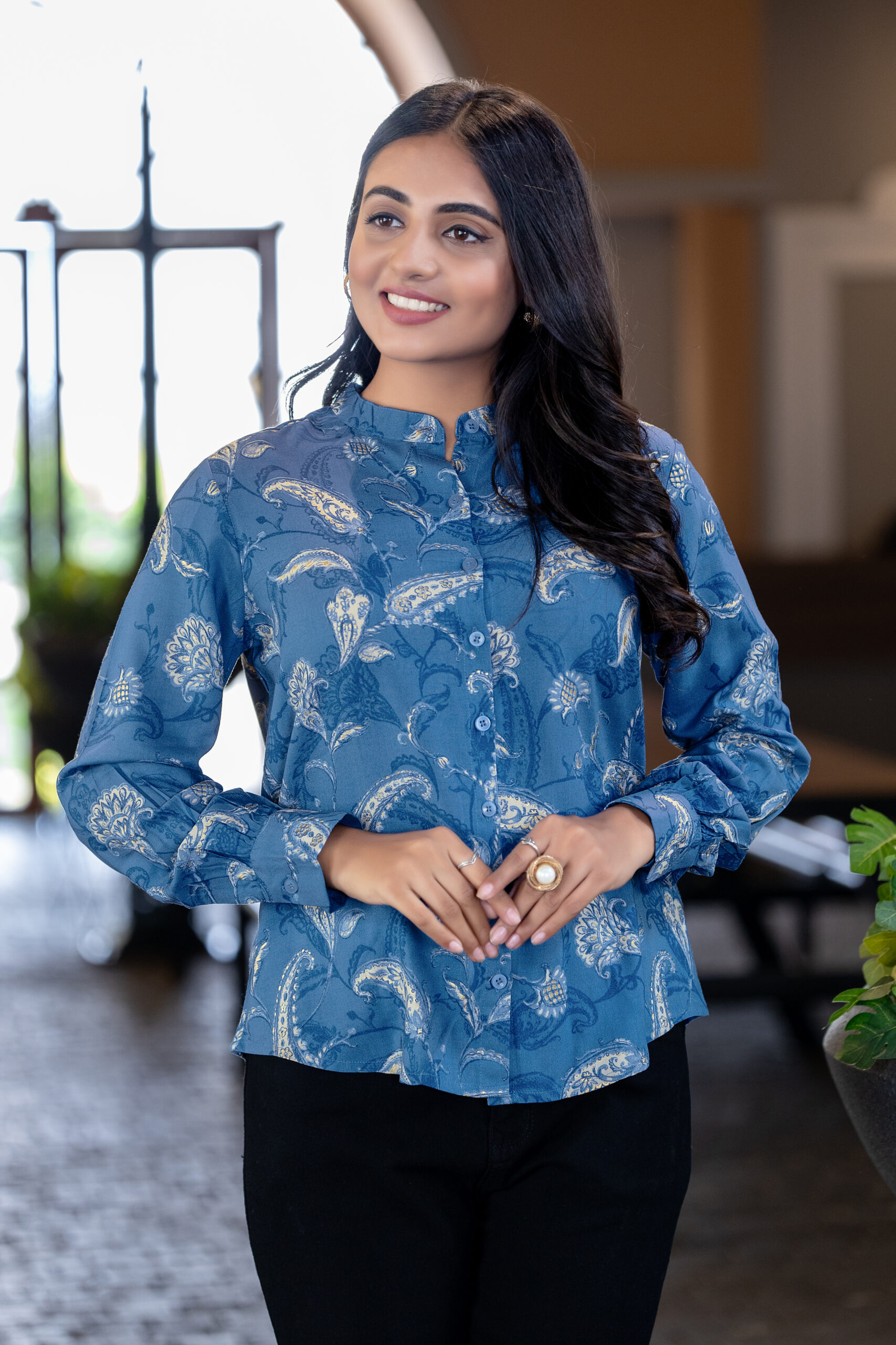 elegant floral printed rayon shirt with band collar for women