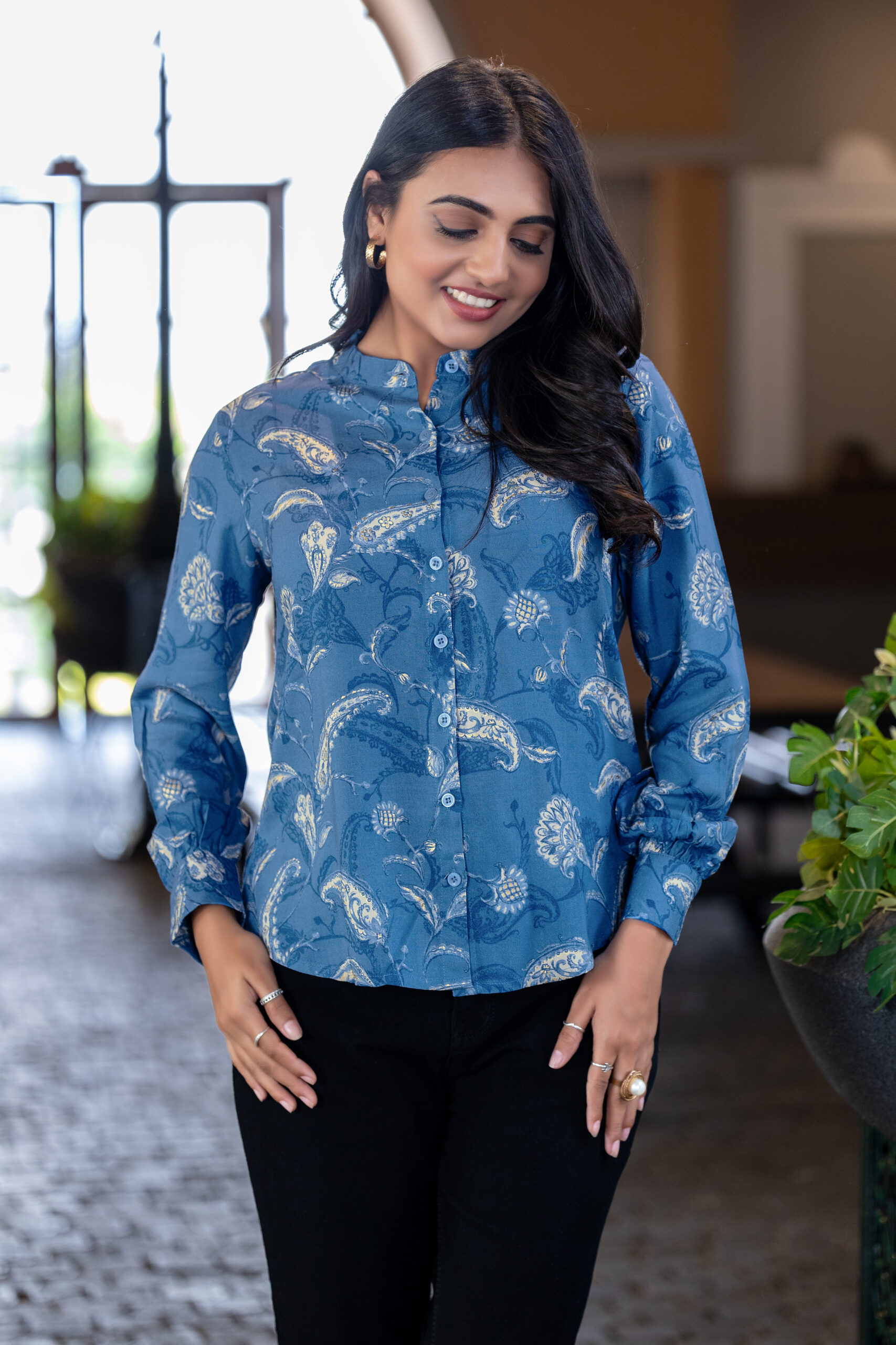 elegant floral printed rayon shirt with band collar for women