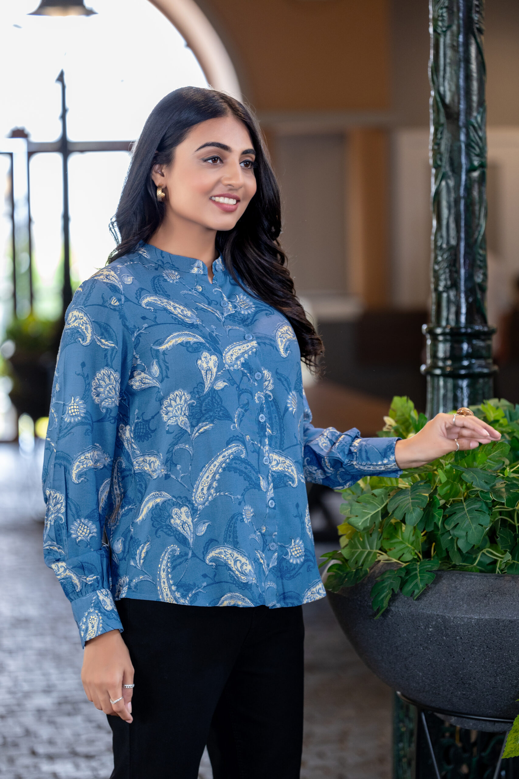 elegant floral printed rayon shirt with band collar for women