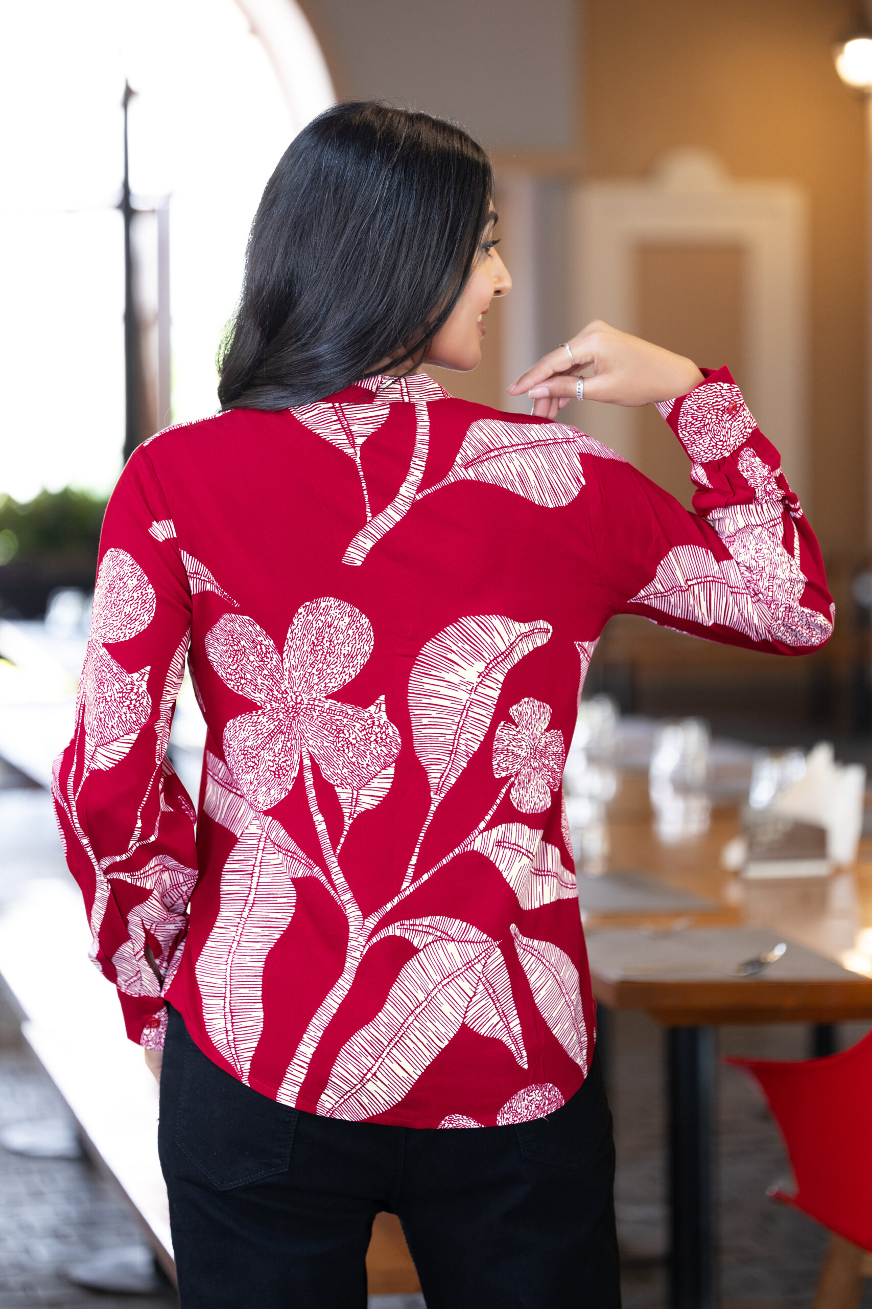 abstract printed formal shirt for women – band collar & elegant full sleeves.