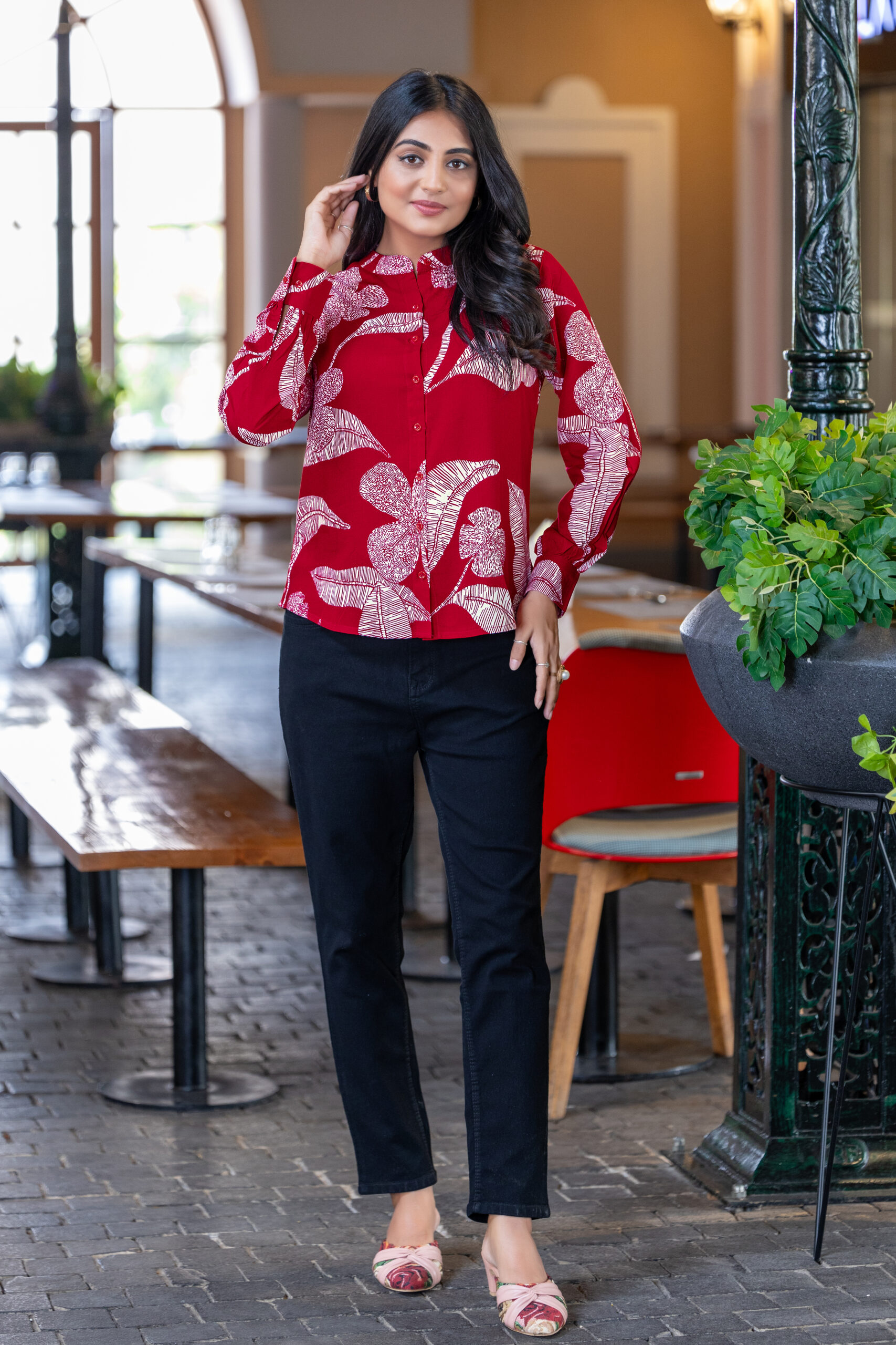 Home abstract printed formal shirt for women – band collar & elegant full sleeves.