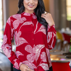 Home abstract printed formal shirt for women – band collar & elegant full sleeves.
