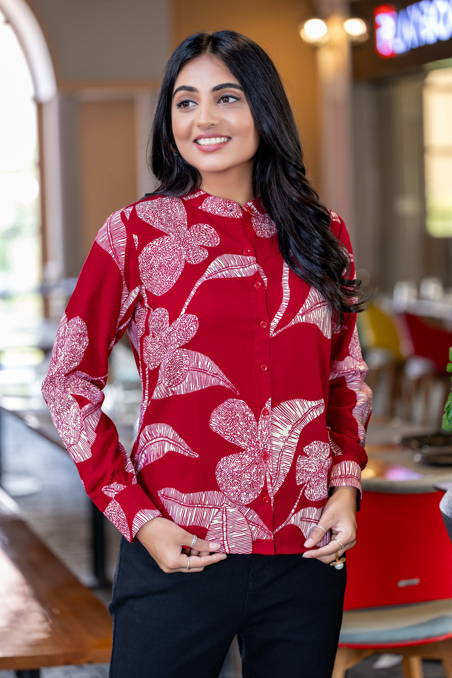 abstract printed formal shirt for women – band collar & elegant full sleeves.