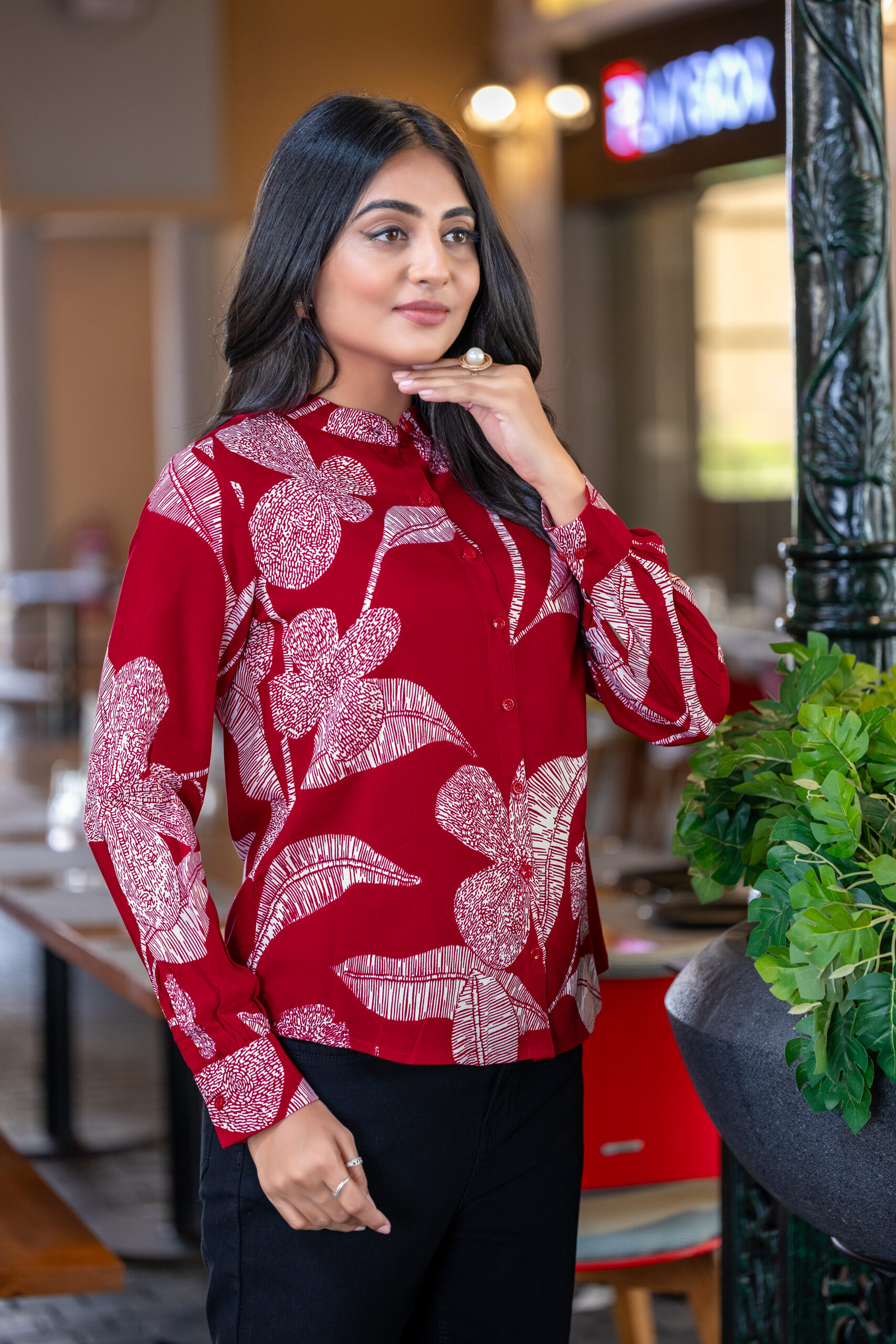 abstract printed formal shirt for women – band collar & elegant full sleeves.