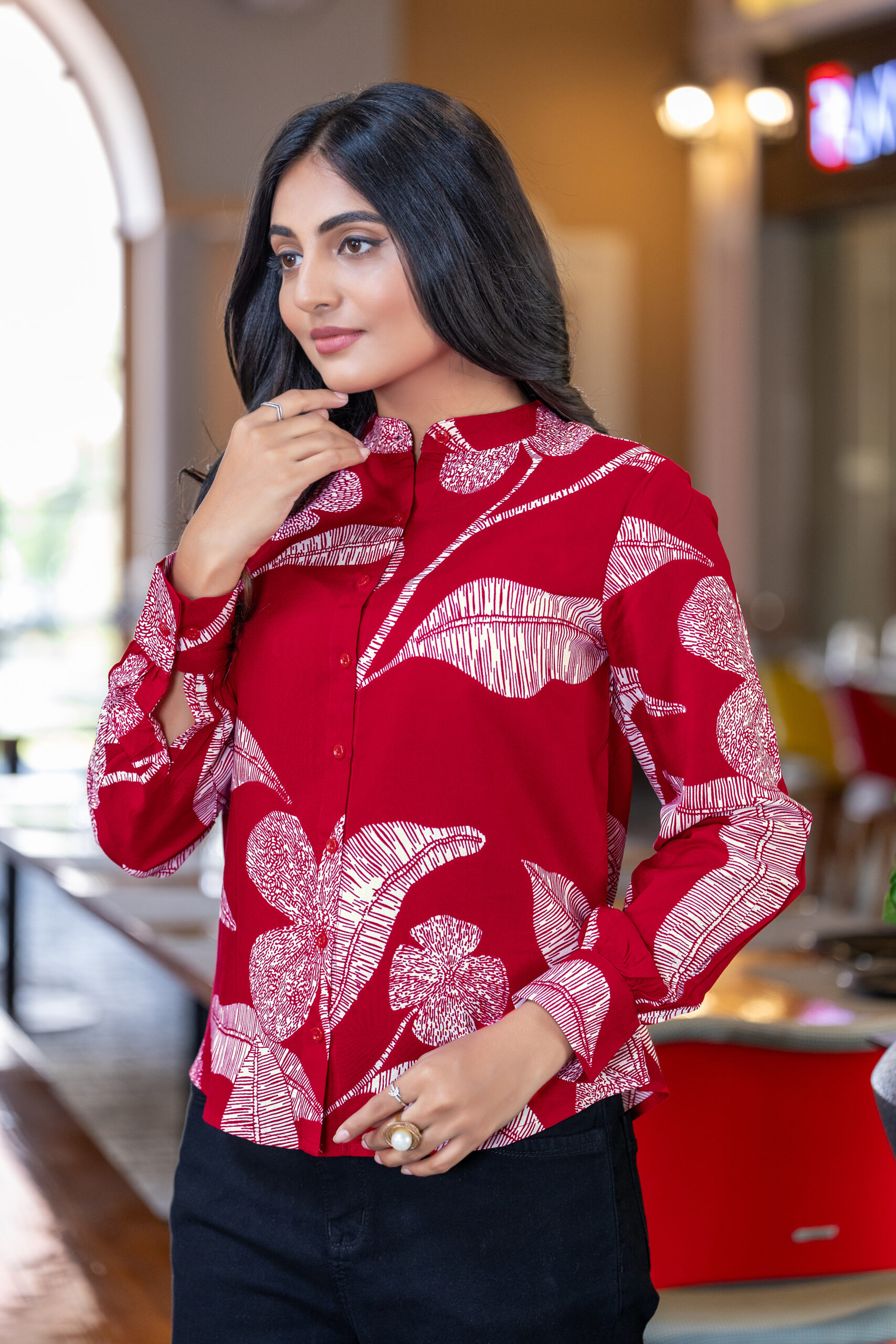 abstract printed formal shirt for women – band collar & elegant full sleeves.