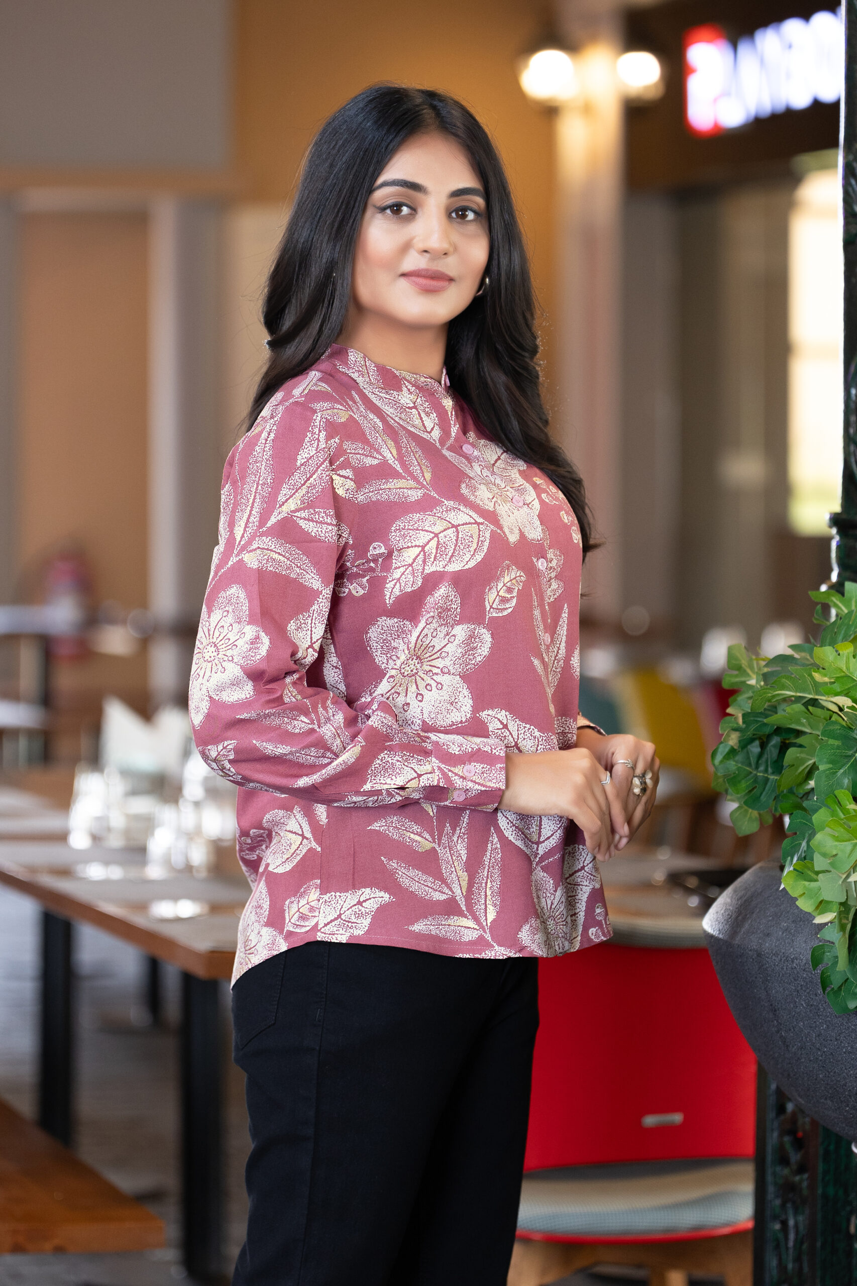 women's smart formal printed shirt with band collar & full sleeves