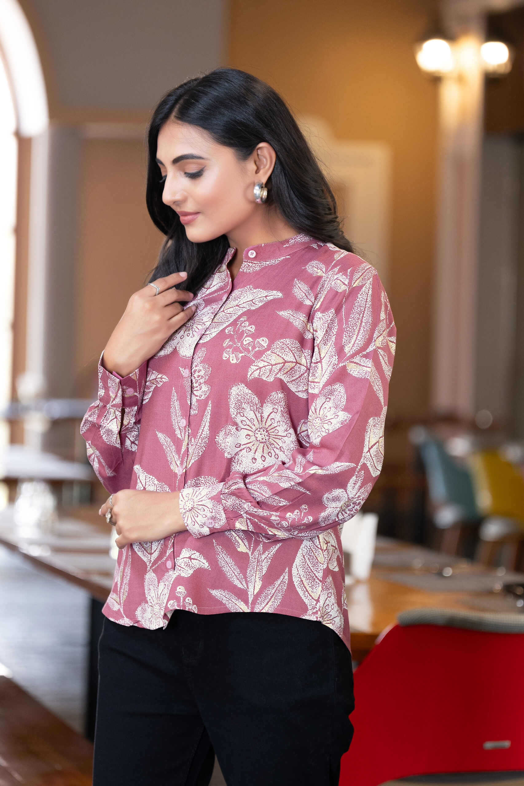 women's smart formal printed shirt with band collar & full sleeves