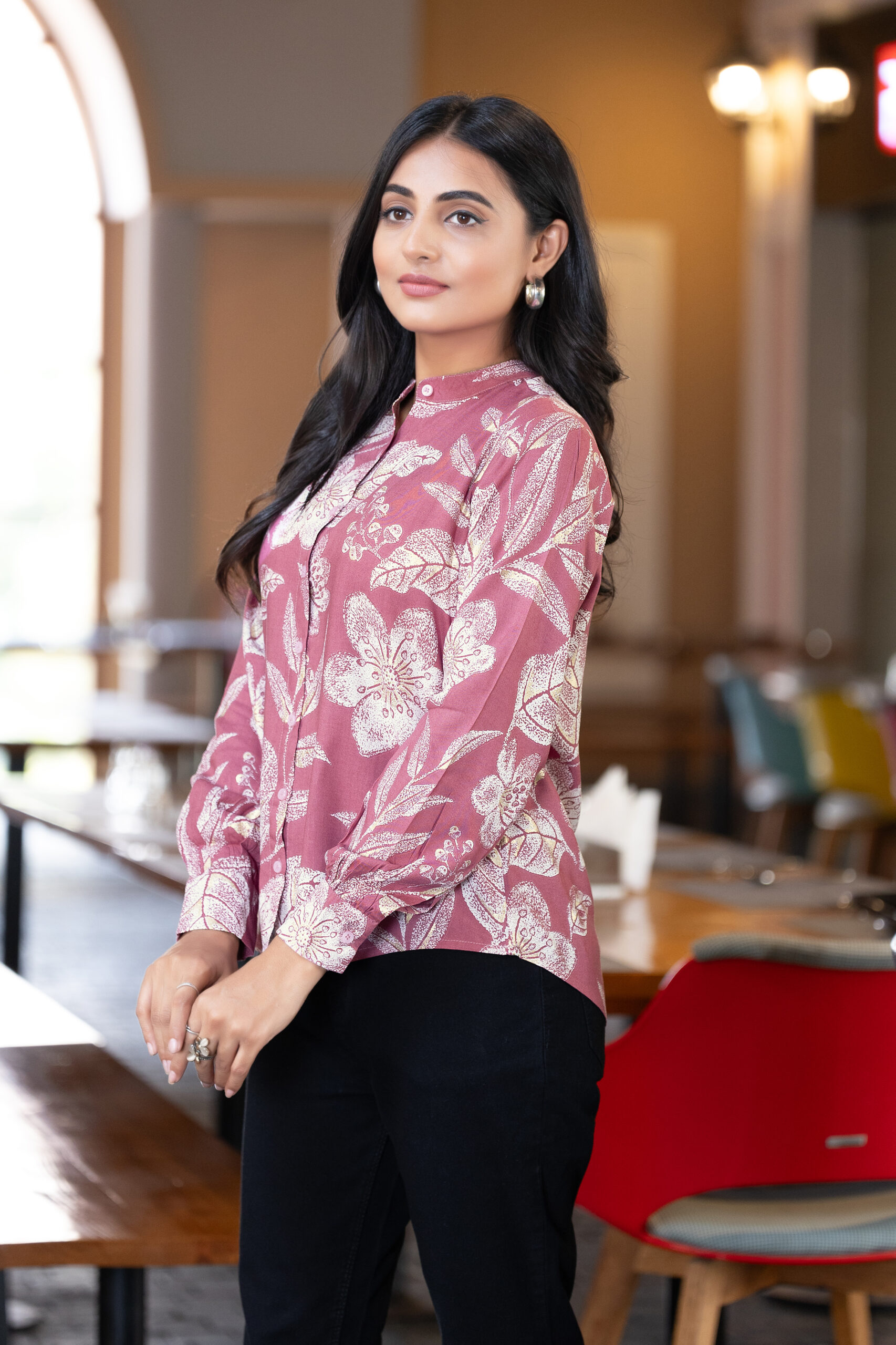 women's smart formal printed shirt with band collar & full sleeves