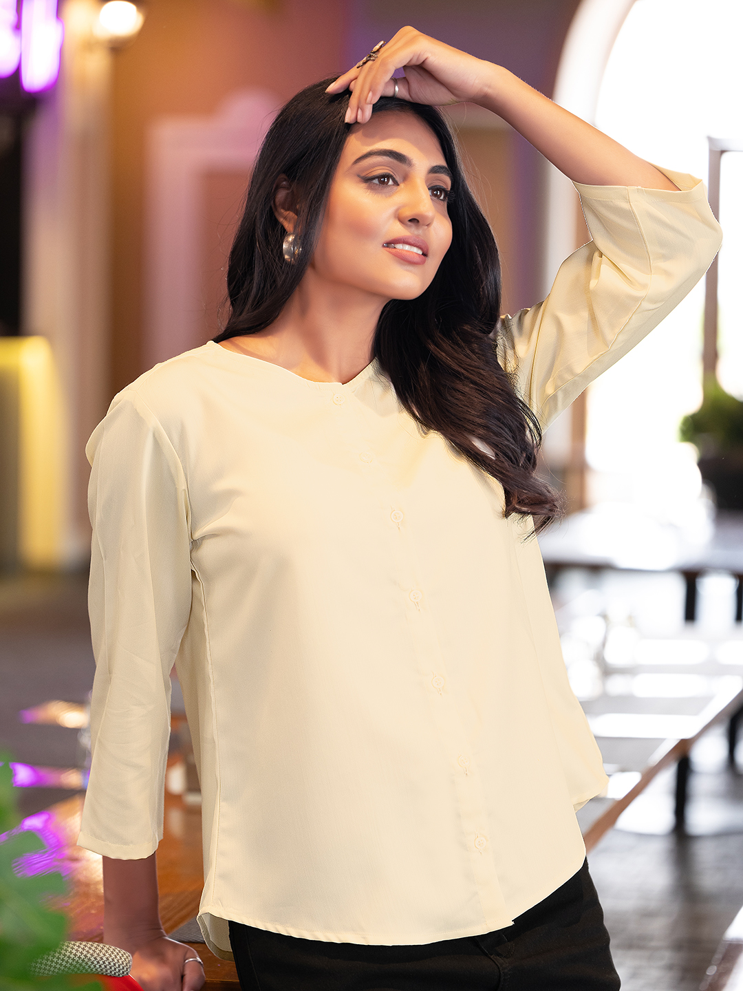 effortlessly stylish women's round neck pleated formal shirts (copy)