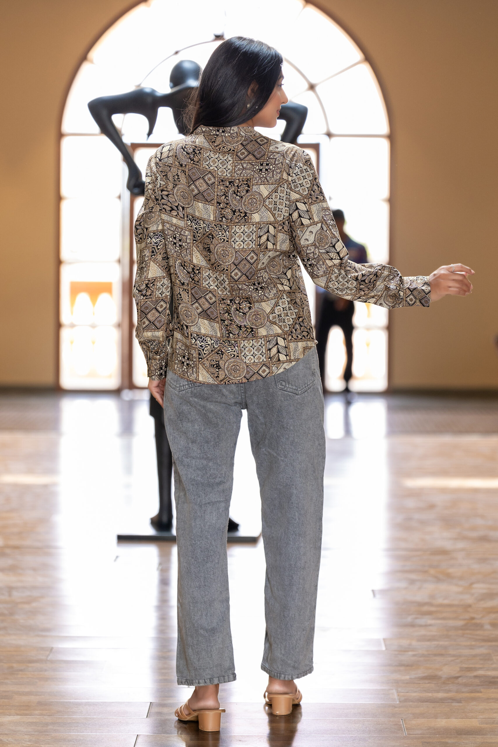 beige ethnic motif printed relaxed fit band coller formal shirt