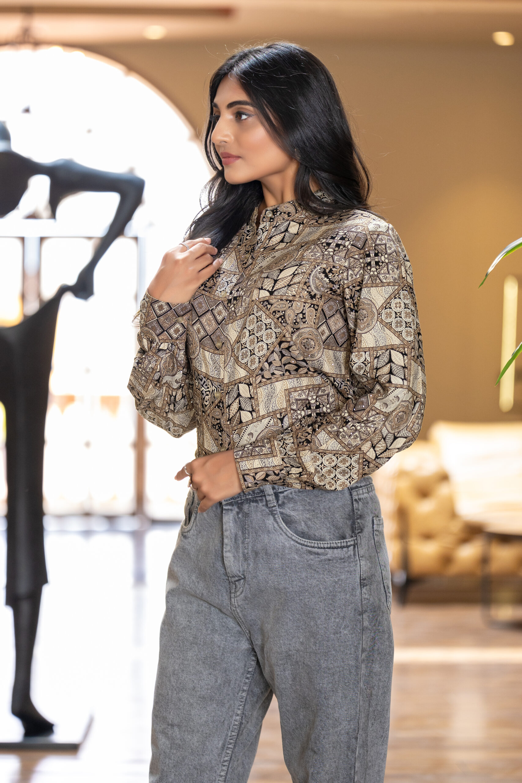 beige ethnic motif printed relaxed fit band coller formal shirt