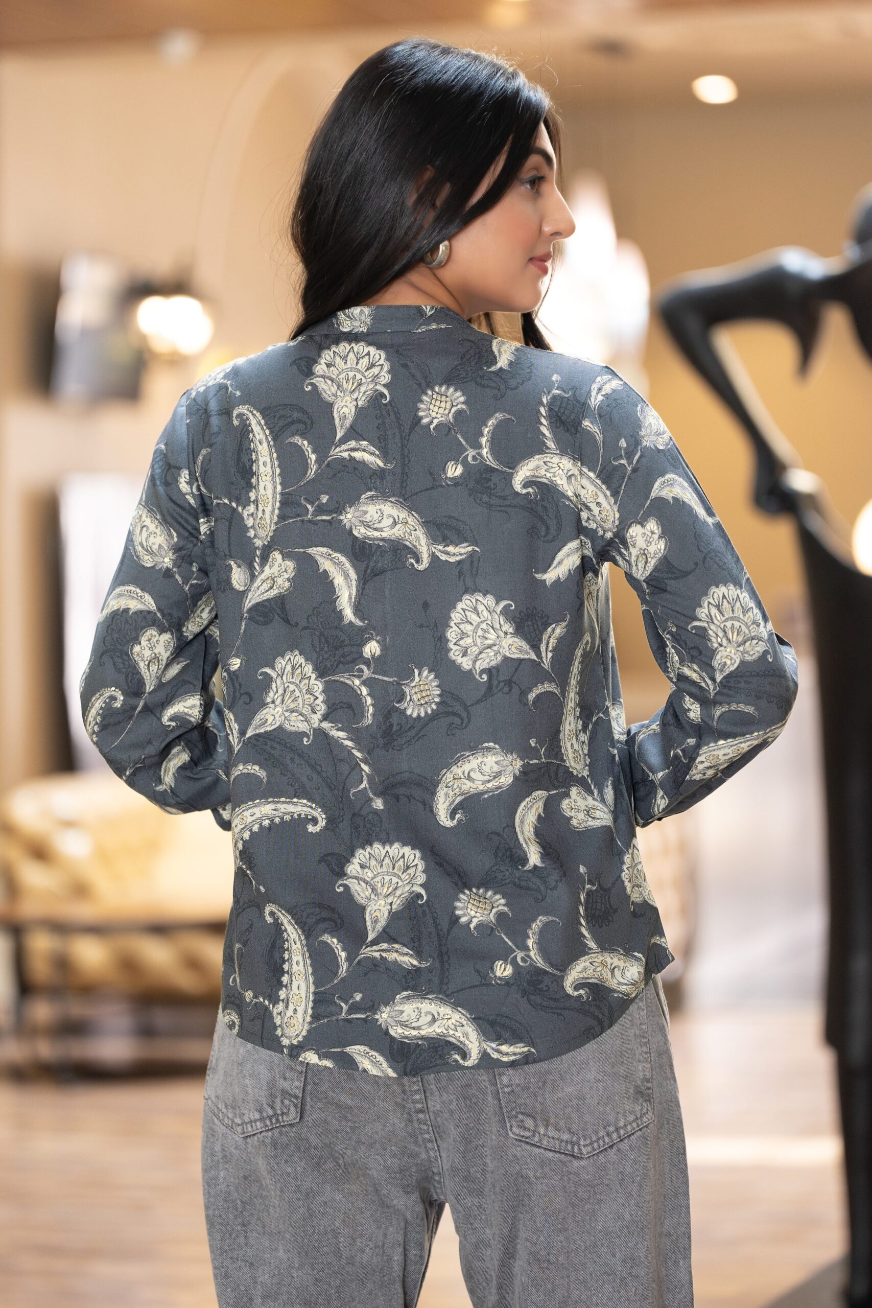 elegant floral printed rayon shirt with band collar for women