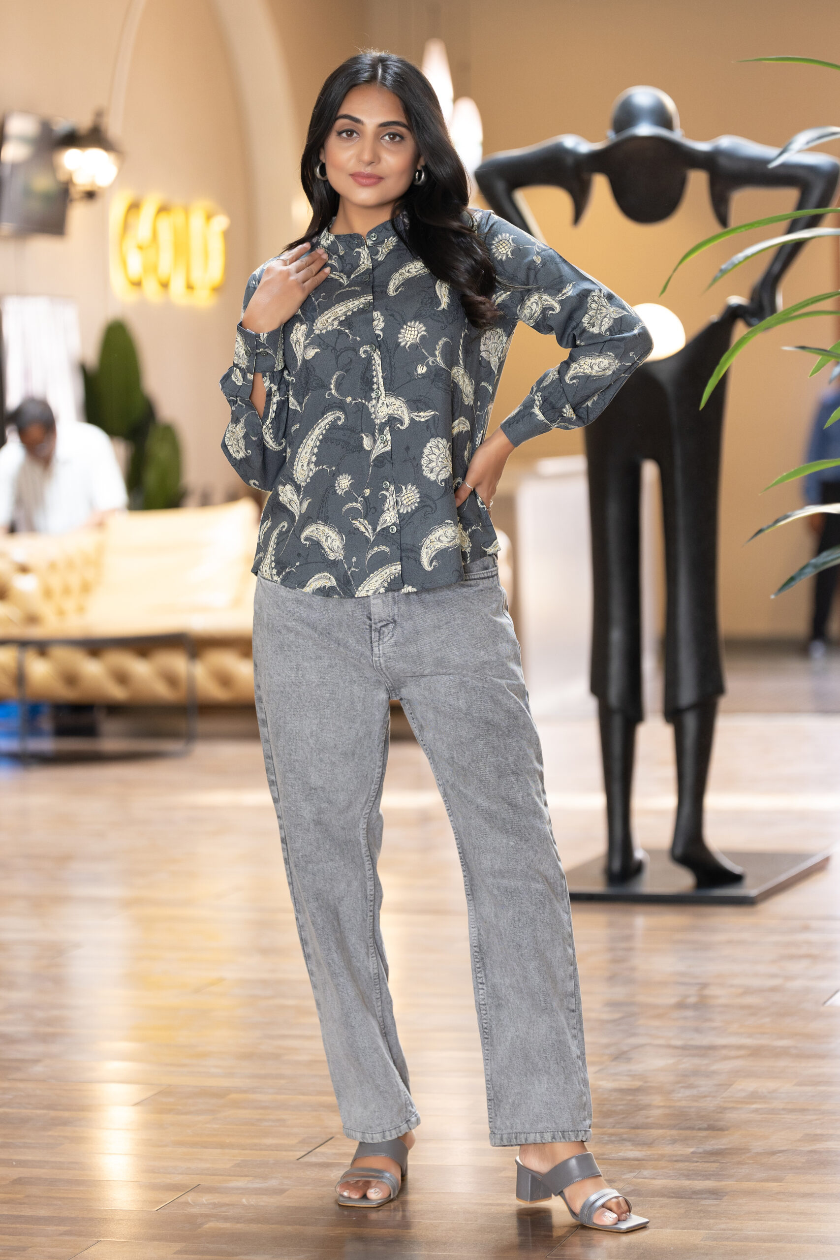 elegant floral printed rayon shirt with band collar for women