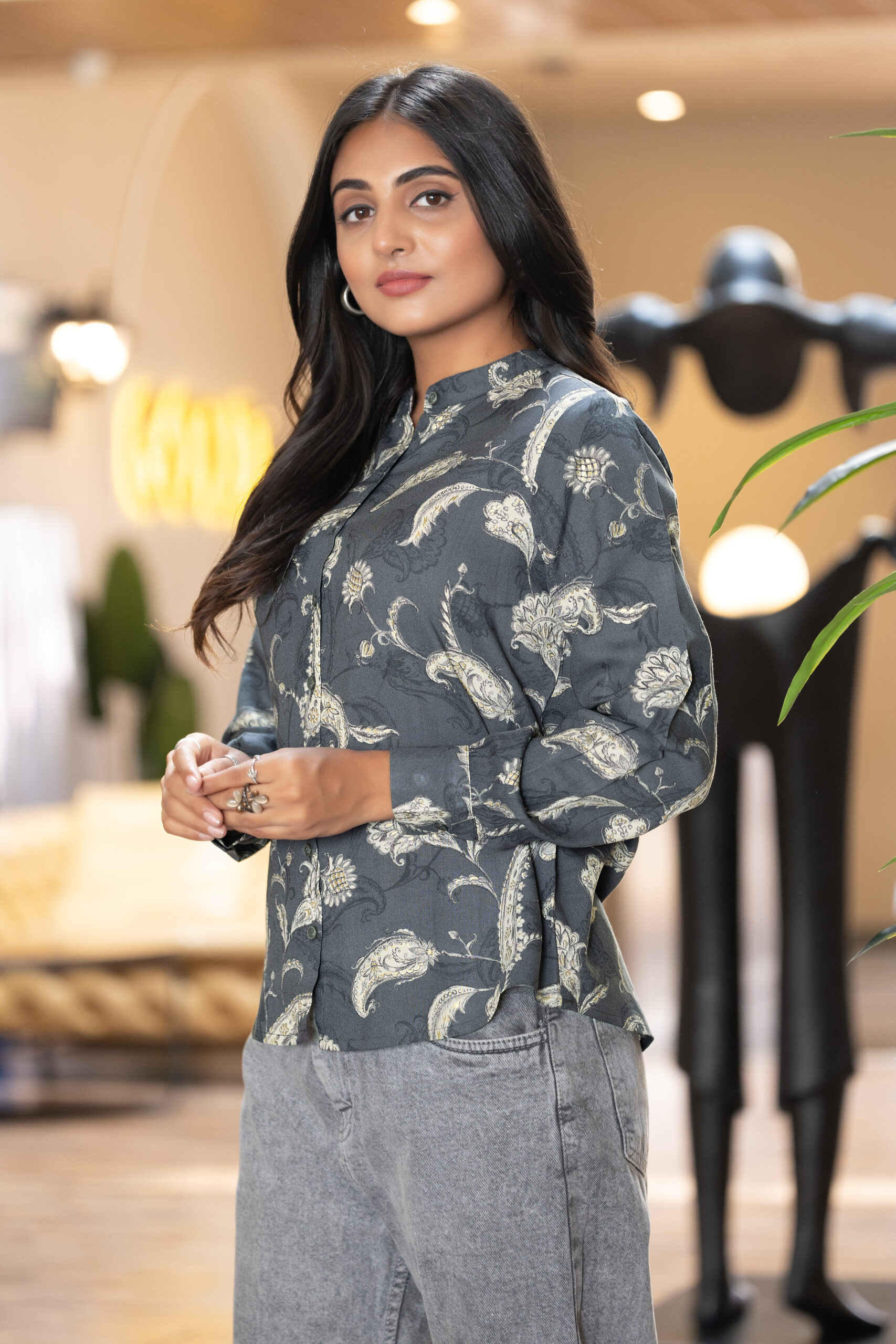 elegant floral printed rayon shirt with band collar for women