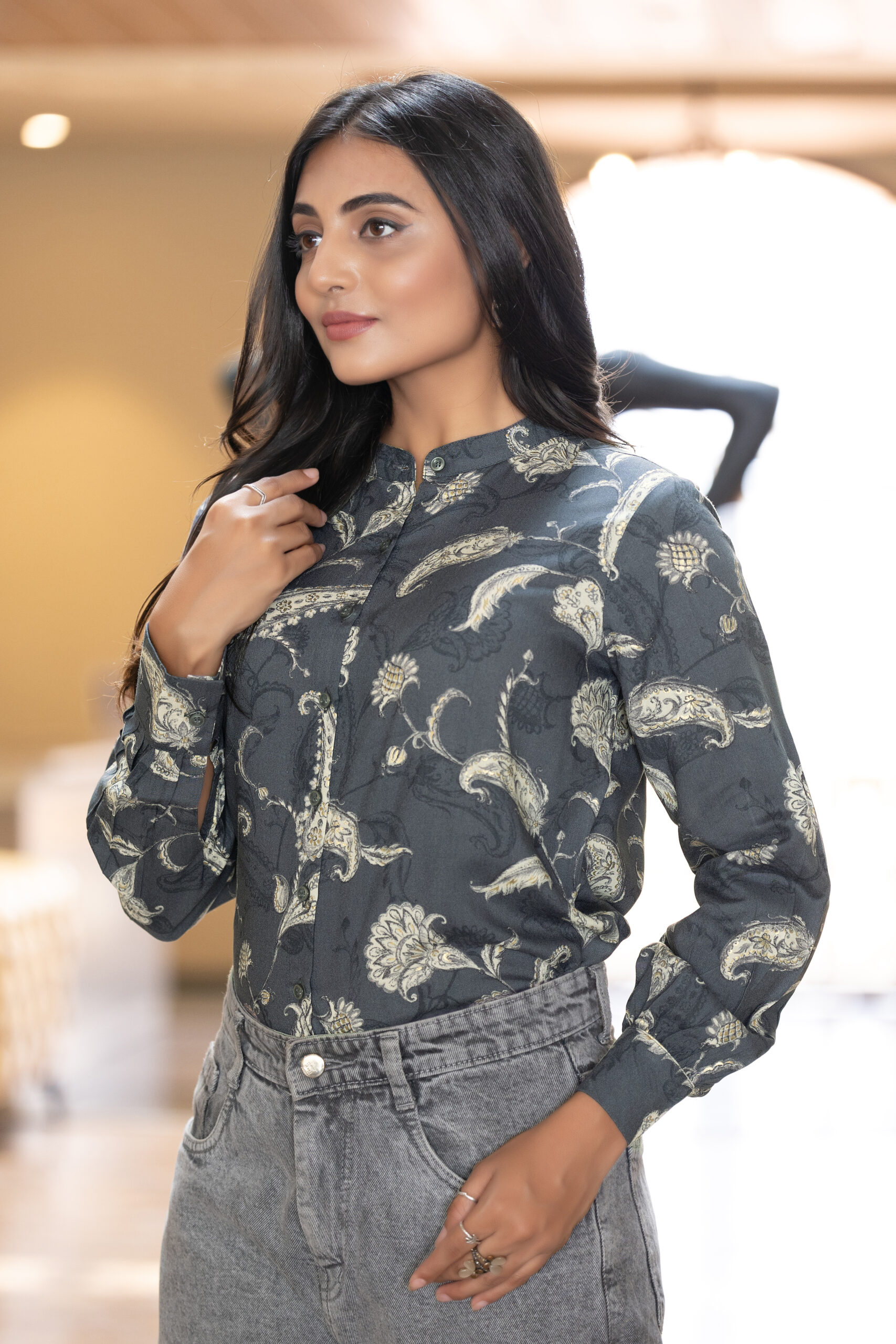 elegant floral printed rayon shirt with band collar for women