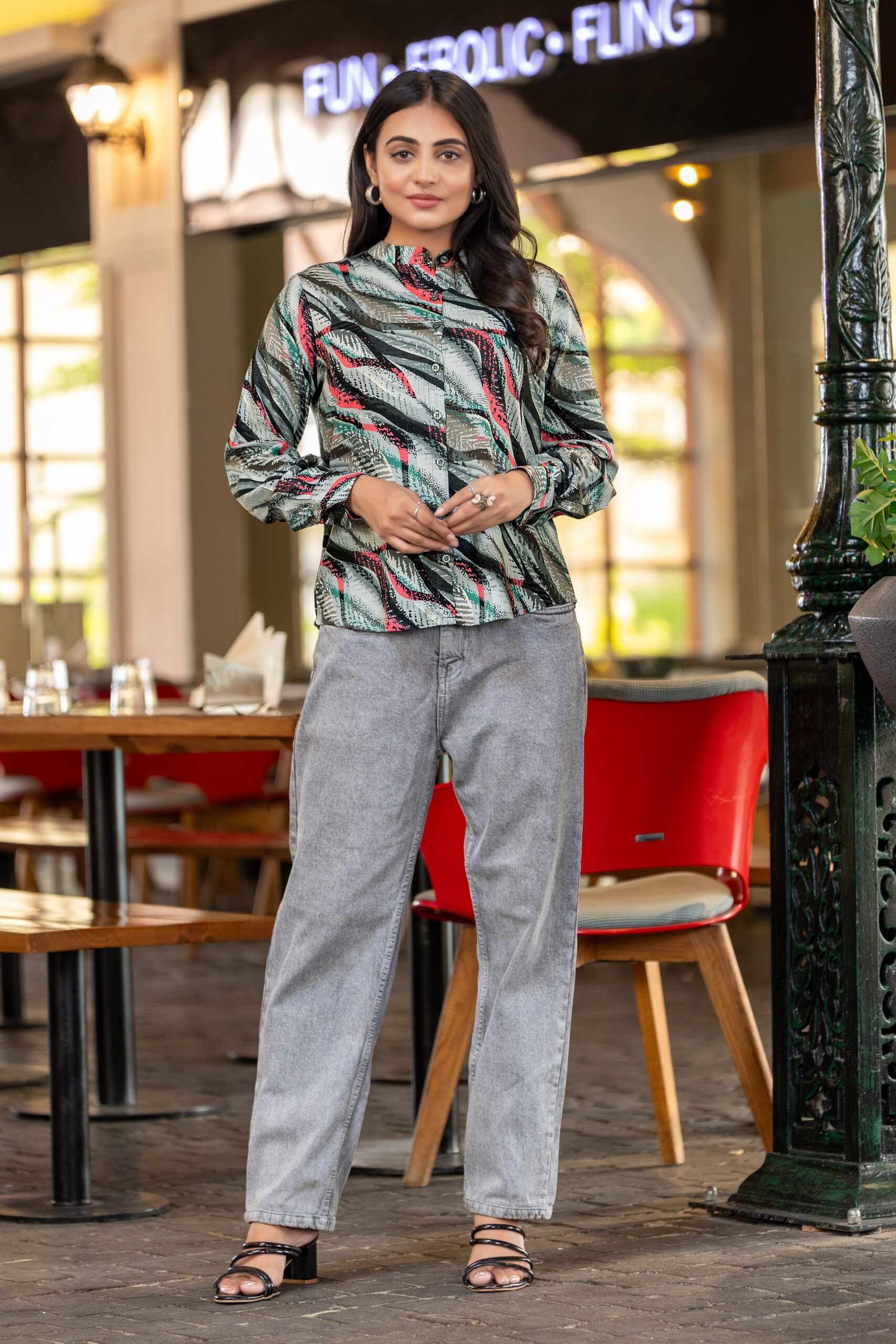 abstract printed formal shirt for women – band collar & elegant full sleeves.