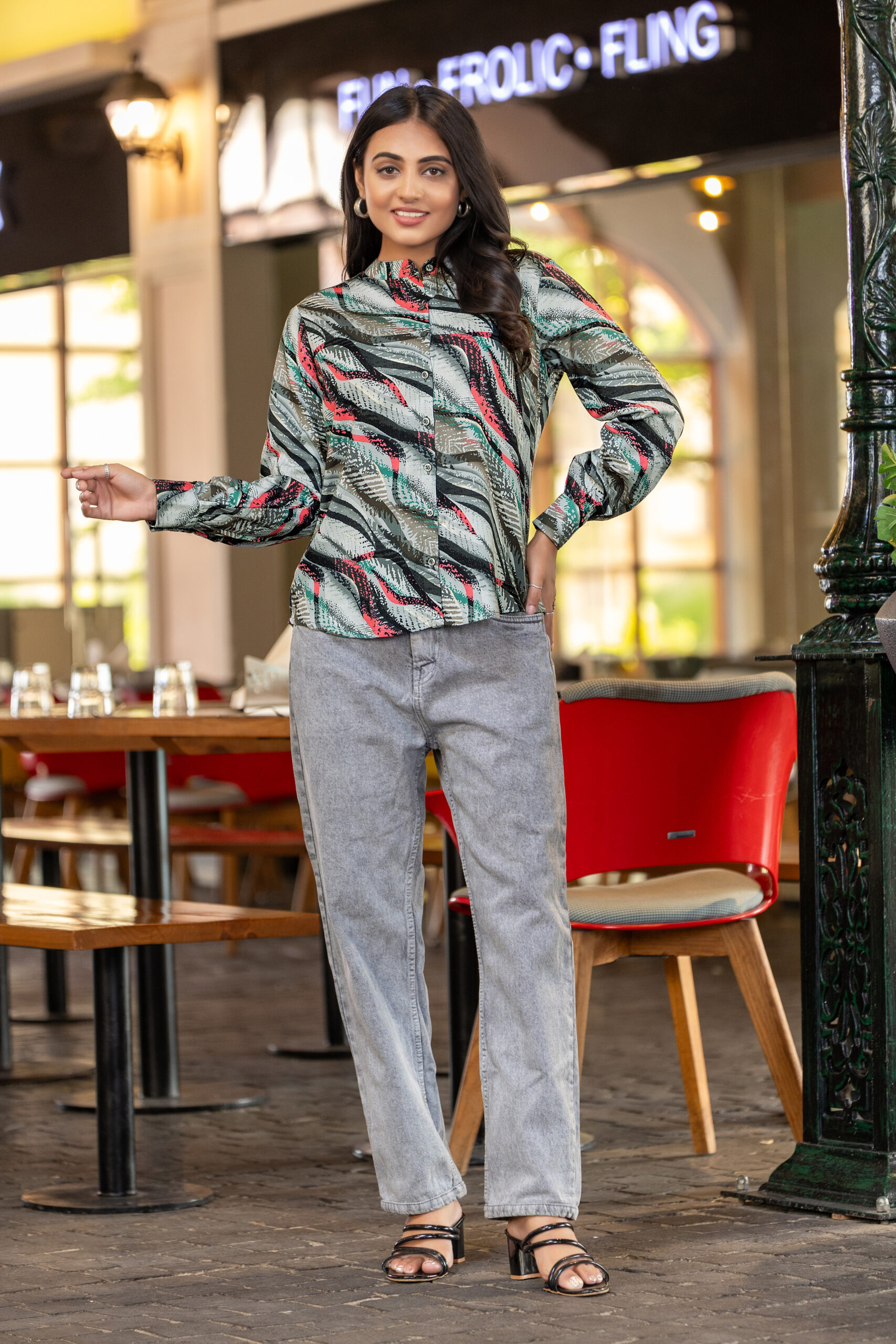 abstract printed formal shirt for women – band collar & elegant full sleeves.