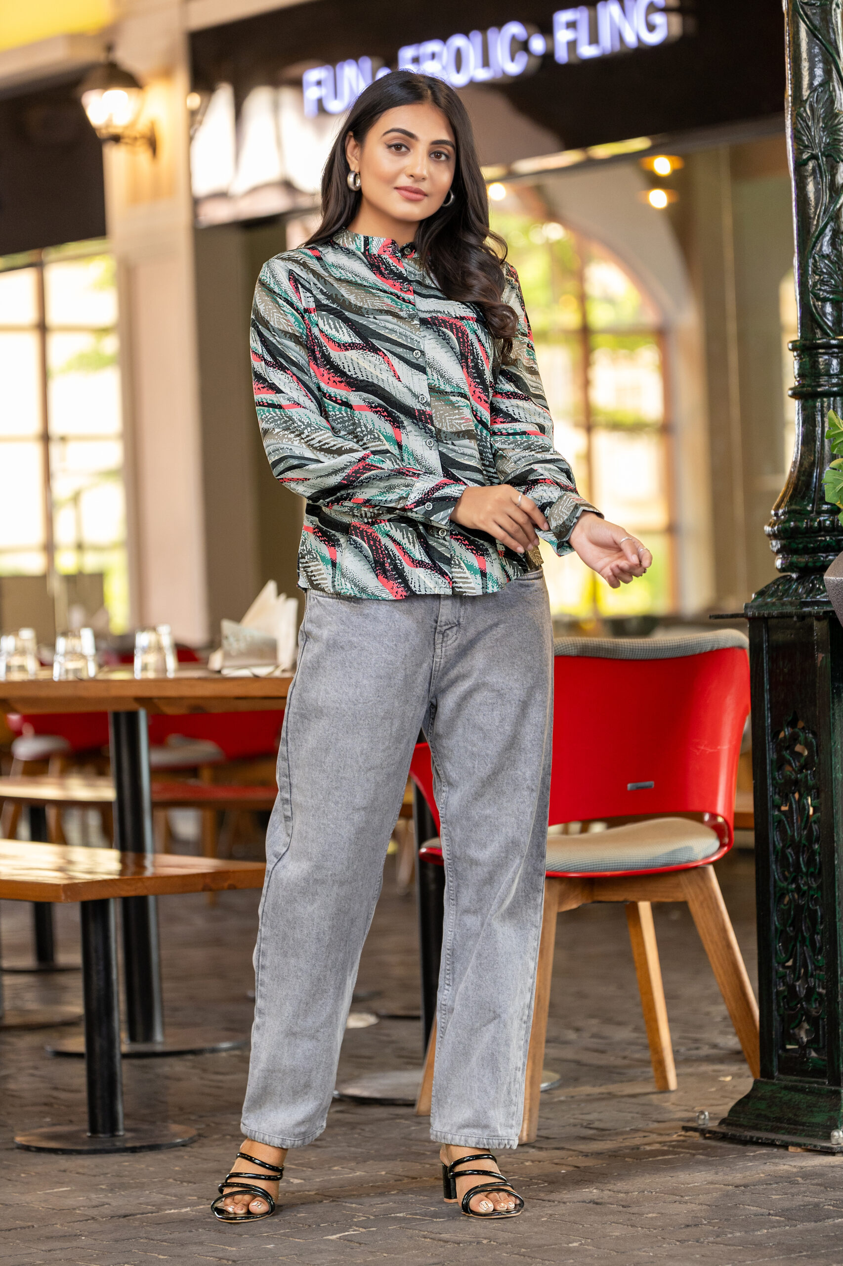 abstract printed formal shirt for women – band collar & elegant full sleeves.