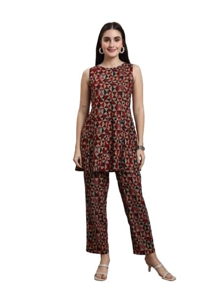 amous women's geometric print cotton kurta with palazzo set | sleeveless ethnic co ord for festive & casual wear | kurti with palazzo set for girls