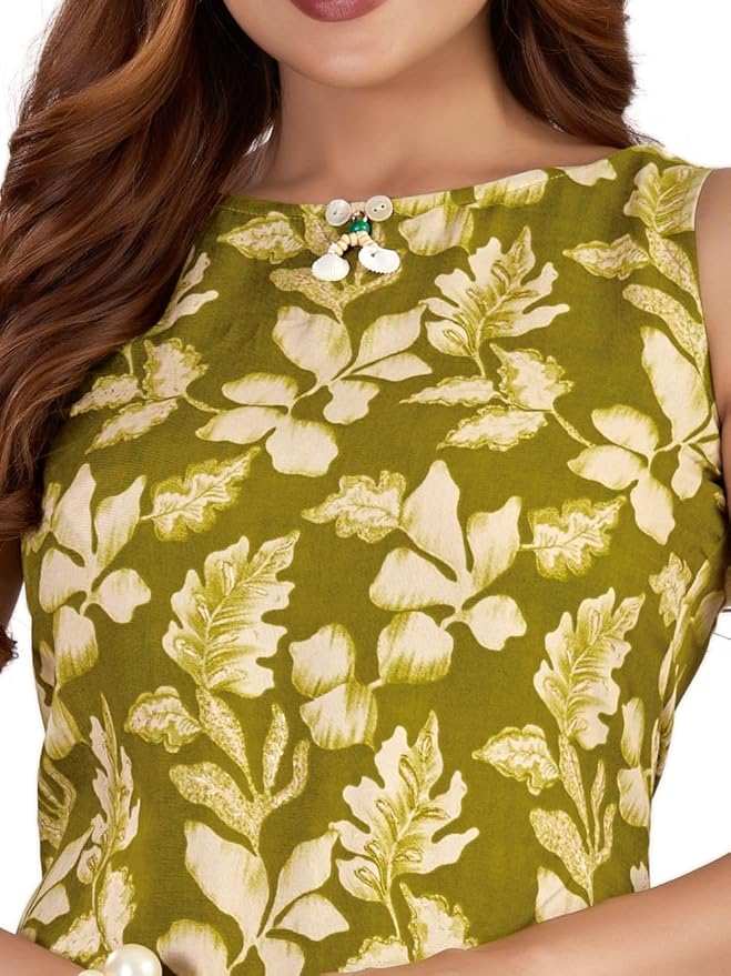 amous green floral straight kurti for women | elegant sleeveless cotton blend kurta for office, casual | stylish kurti for girls