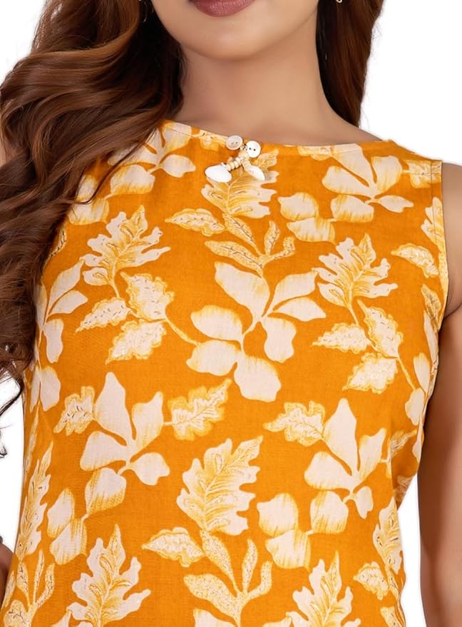 amous green floral straight kurti for women | elegant sleeveless cotton blend kurta for office, casual | stylish kurti for girls