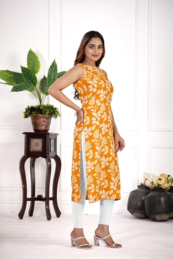 amous green floral straight kurti for women | elegant sleeveless cotton blend kurta for office, casual | stylish kurti for girls