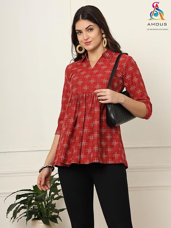 amous printed cotton long tunic top for women | short kurti for women | tunics top | tunics for women kurti | western office top | print tunic | print top | cotton print top