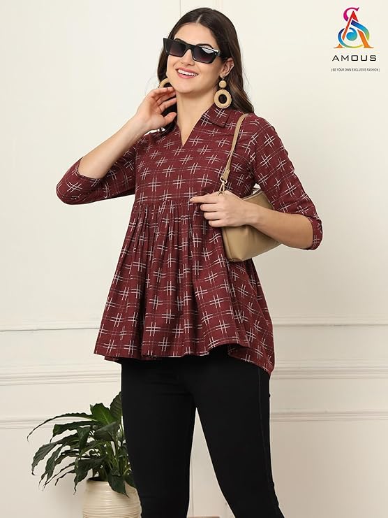 amous printed cotton long tunic top for women | short kurti for women | tunics top | tunics for women kurti | western office top | print tunic | print top | cotton print top