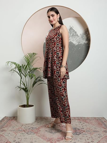 amous women's geometric print cotton kurta with palazzo set | sleeveless ethnic co ord for festive & casual wear | kurti with palazzo set for girls