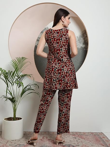 amous women's geometric print cotton kurta with palazzo set | sleeveless ethnic co ord for festive & casual wear | kurti with palazzo set for girls